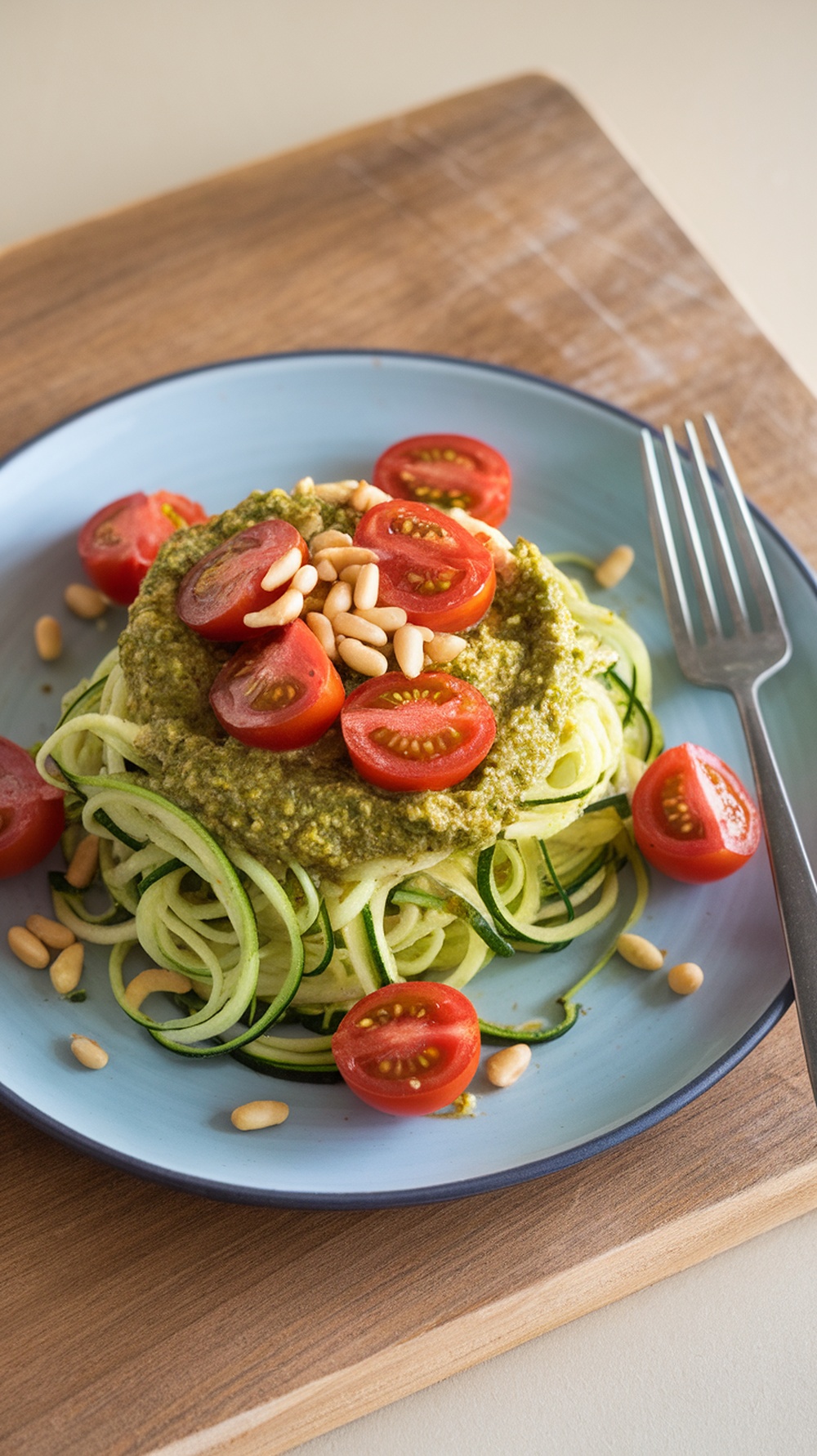 A plate of zucchini noodles topped with pesto and cherry tomatoes, garnished with pine nuts.