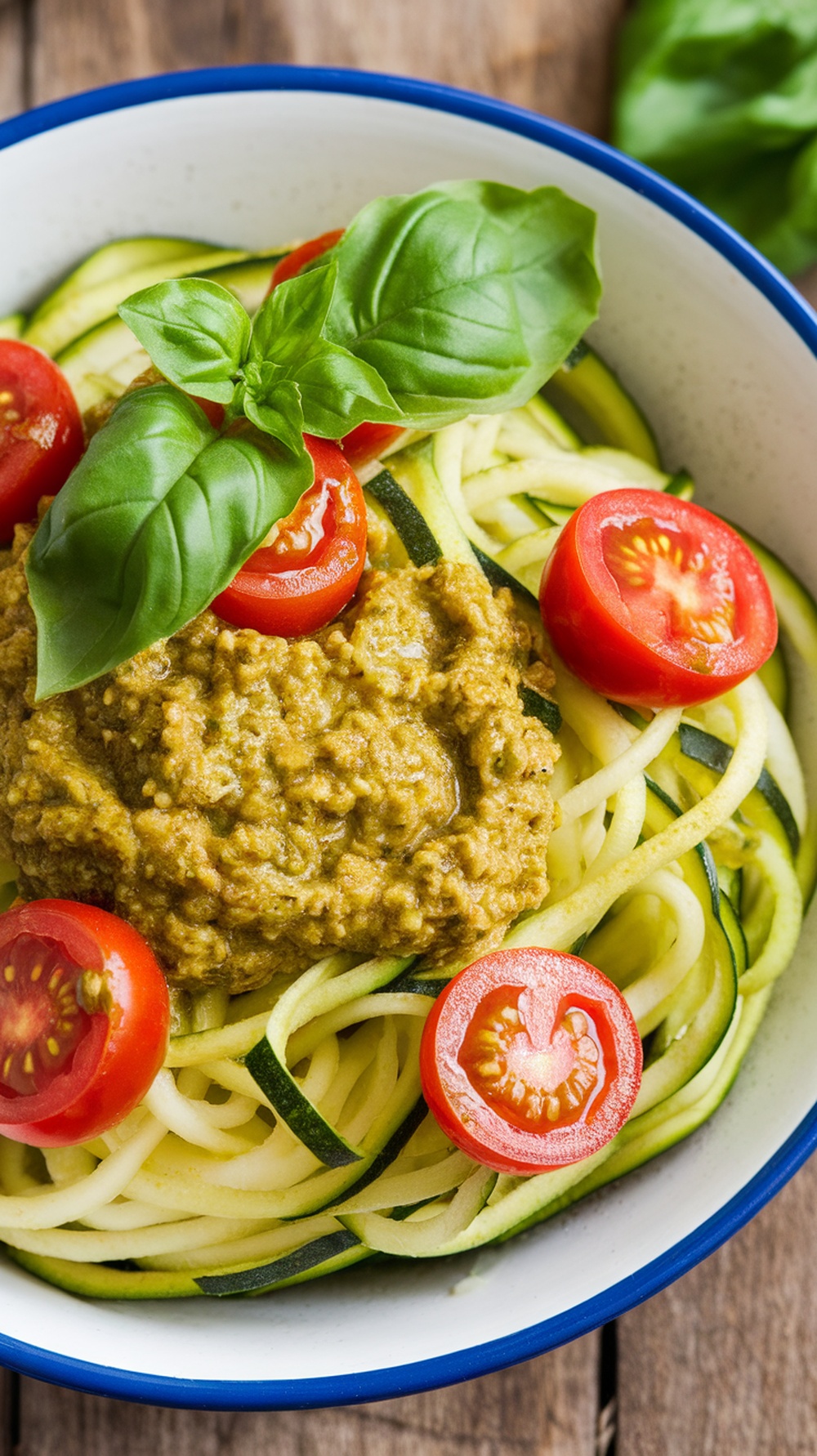 A bowl of zucchini noodles topped with pesto sauce and cherry tomatoes, garnished with fresh basil.