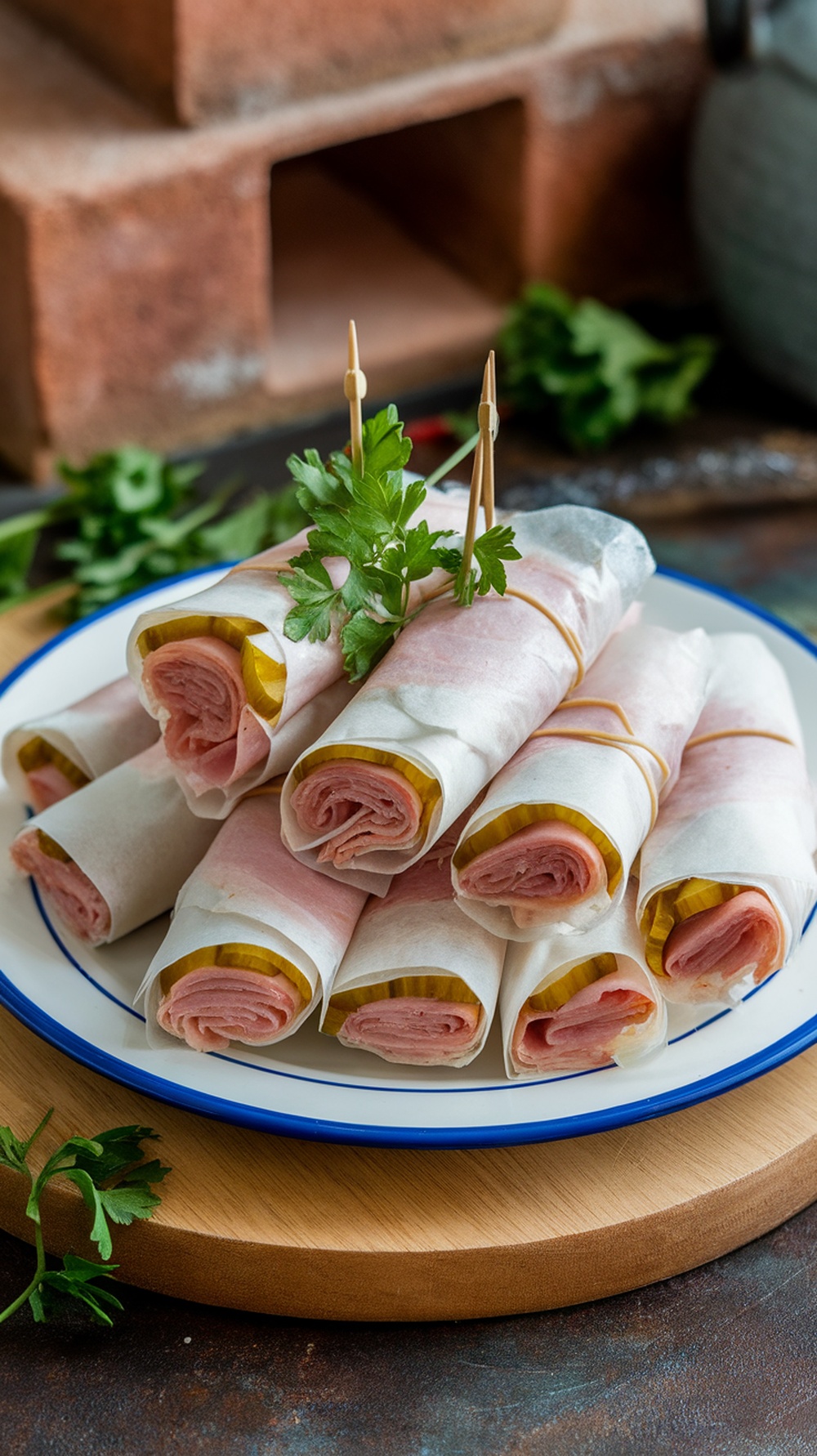A plate of classic ham and pickle wraps, neatly rolled and garnished with parsley.