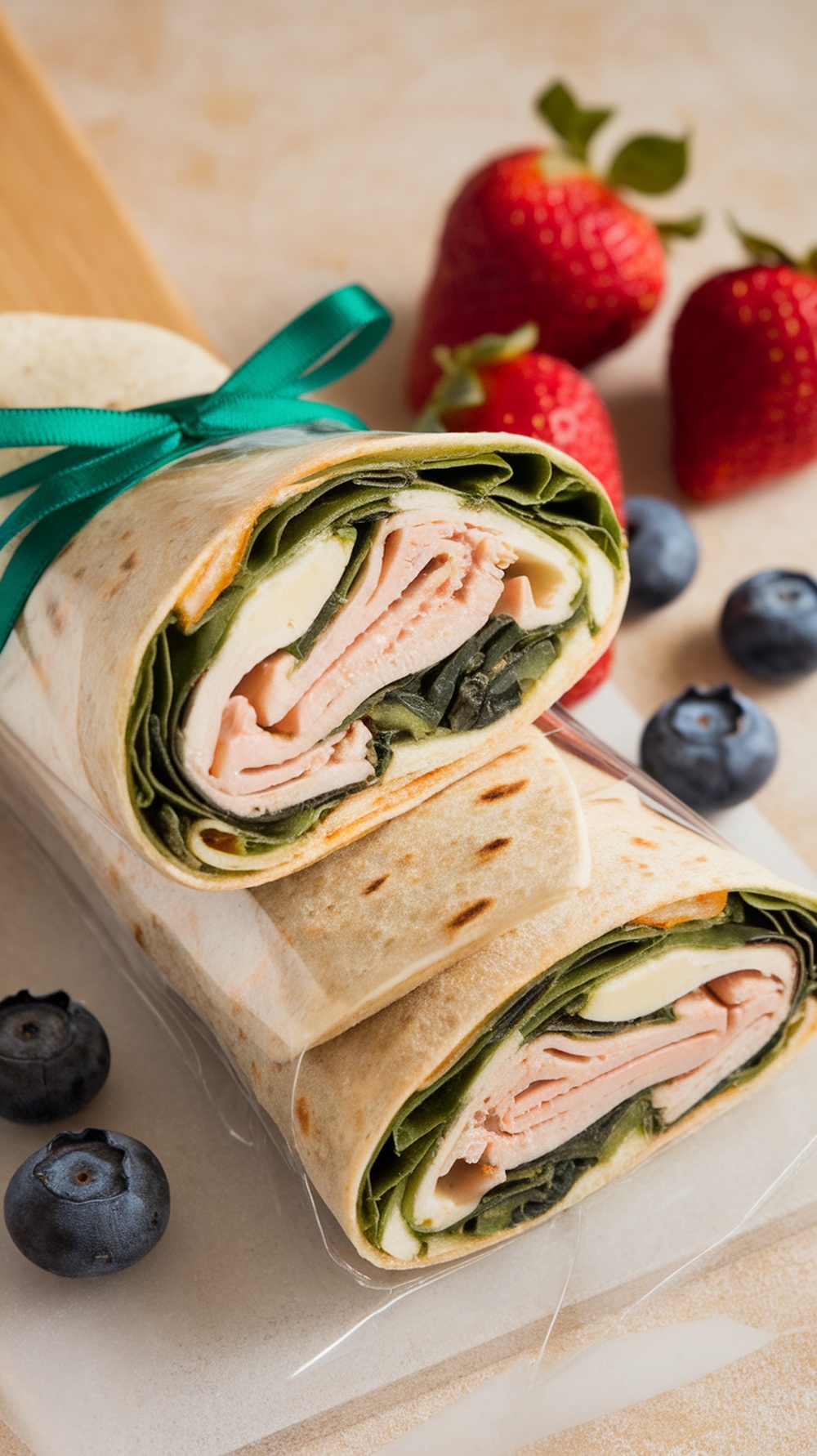 Turkey and Spinach Breakfast Wrap with strawberries and blueberries