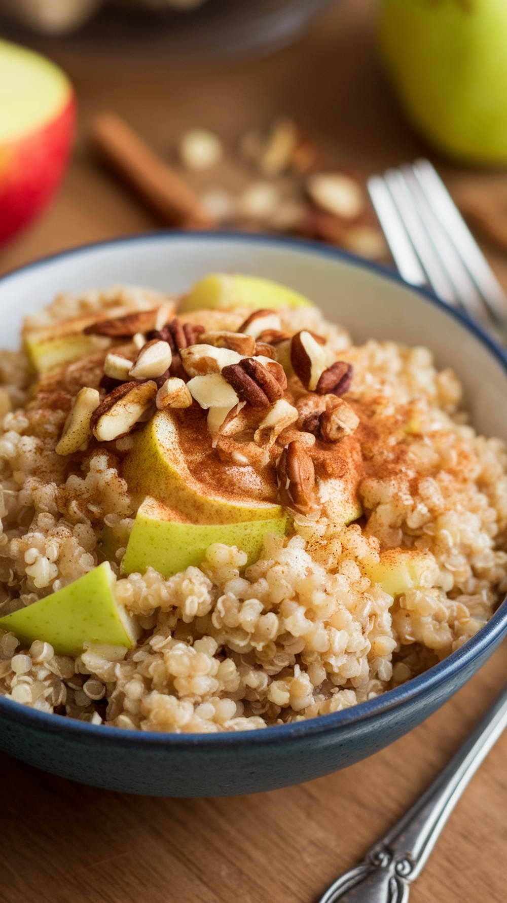 A bowl of apple cinnamon quinoa topped with apple slices and nuts.