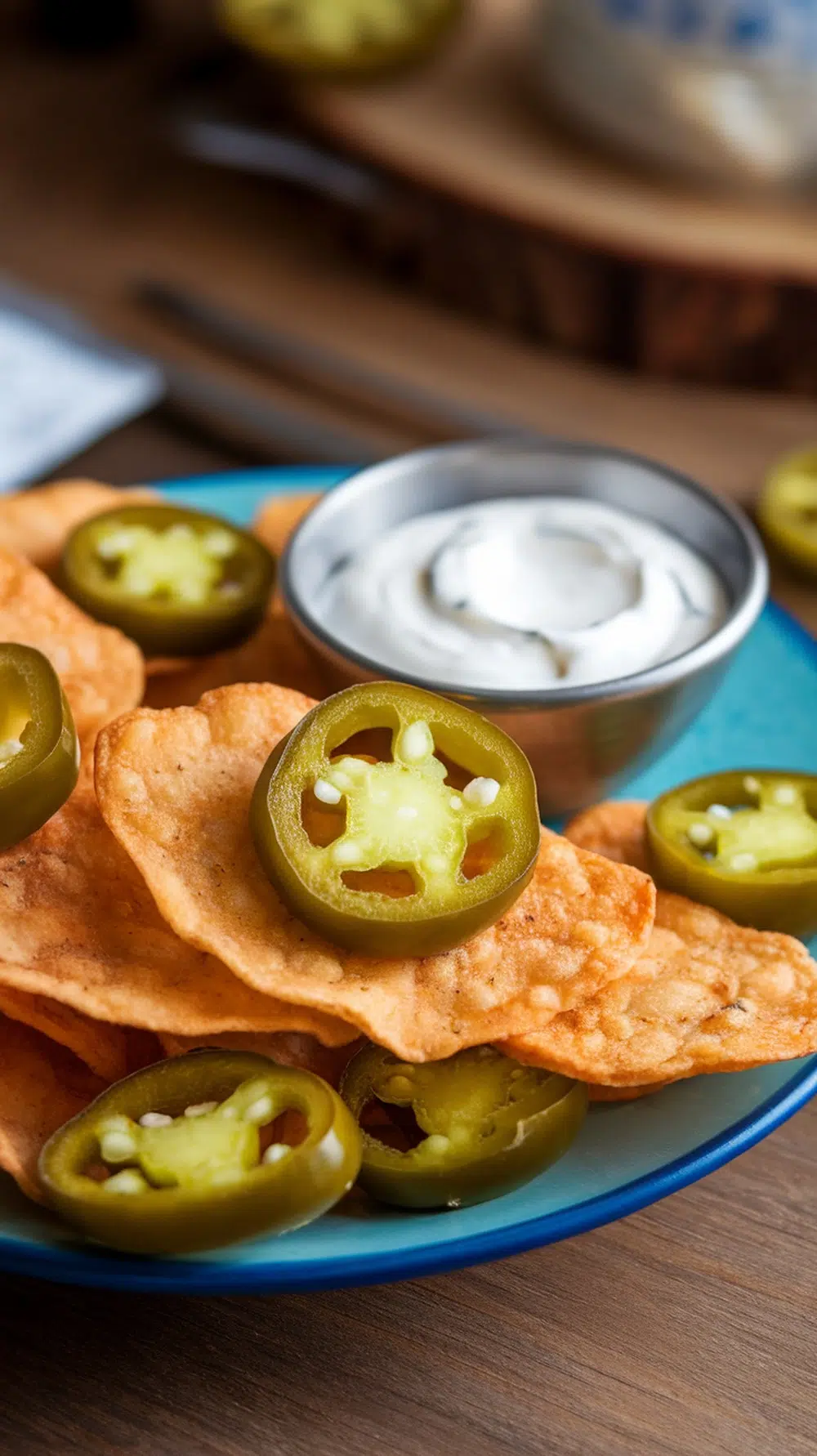A plate of crispy chips topped with jalapeño slices and a bowl of creamy dip