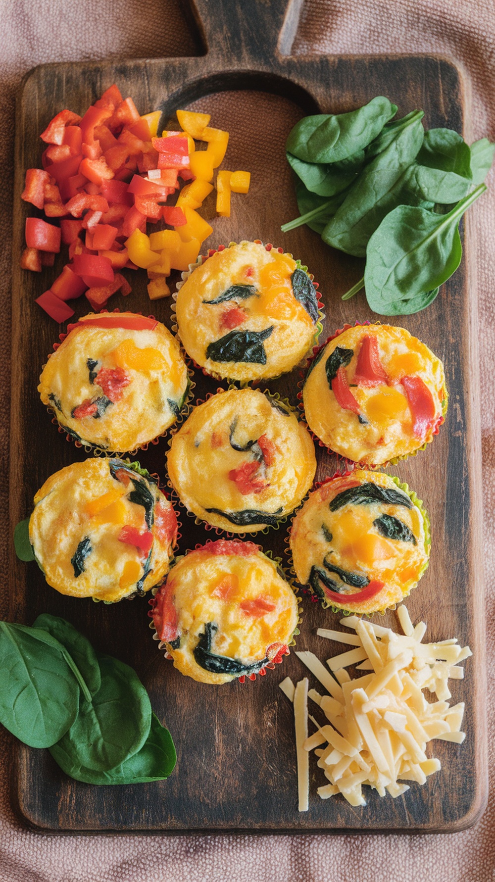 Veggie-packed egg muffins with colorful vegetables on a wooden board