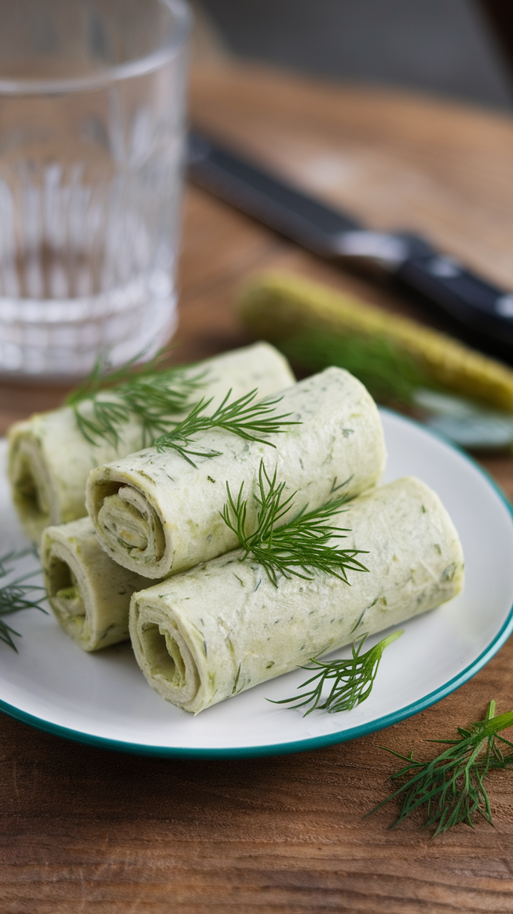 Plate of herbed cream cheese and dill pickle roll ups garnished with fresh dill