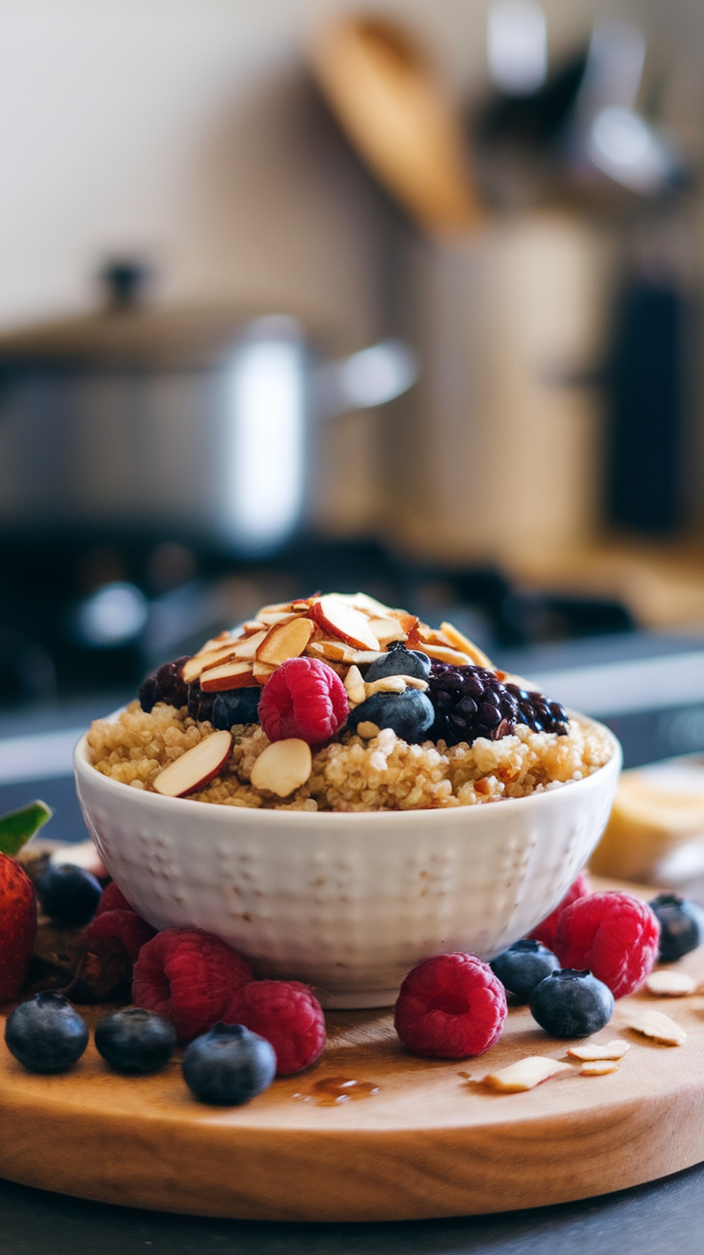 A quinoa breakfast bowl topped with almonds and mixed berries, served on a wooden platter.