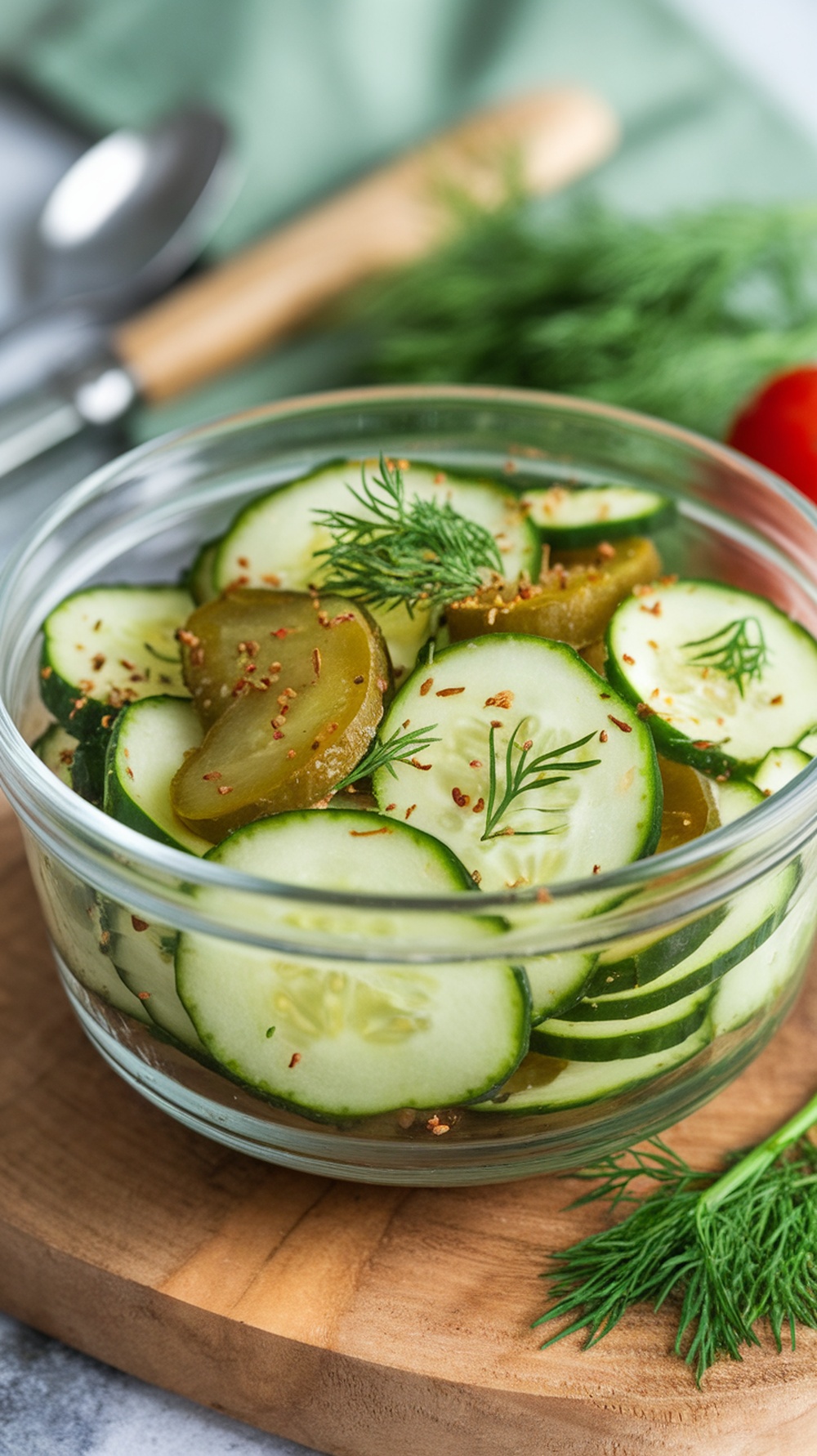 A bowl of zesty dill pickle cucumber salad with sliced cucumbers and dill pickles garnished with fresh dill.