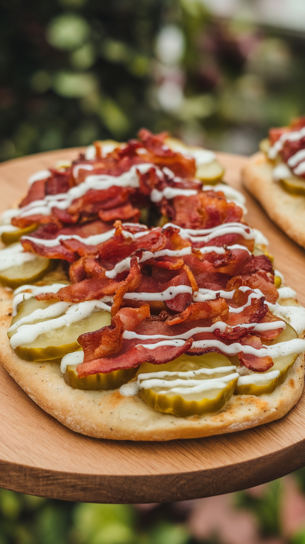 A delicious flatbread topped with crispy bacon, pickles, and ranch dressing.