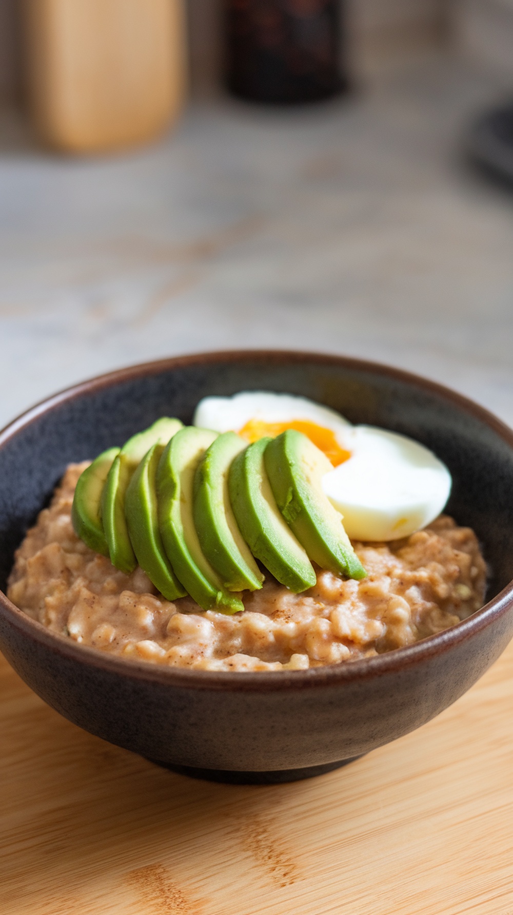 A bowl of savory oatmeal topped with avocado slices and a soft-boiled egg.