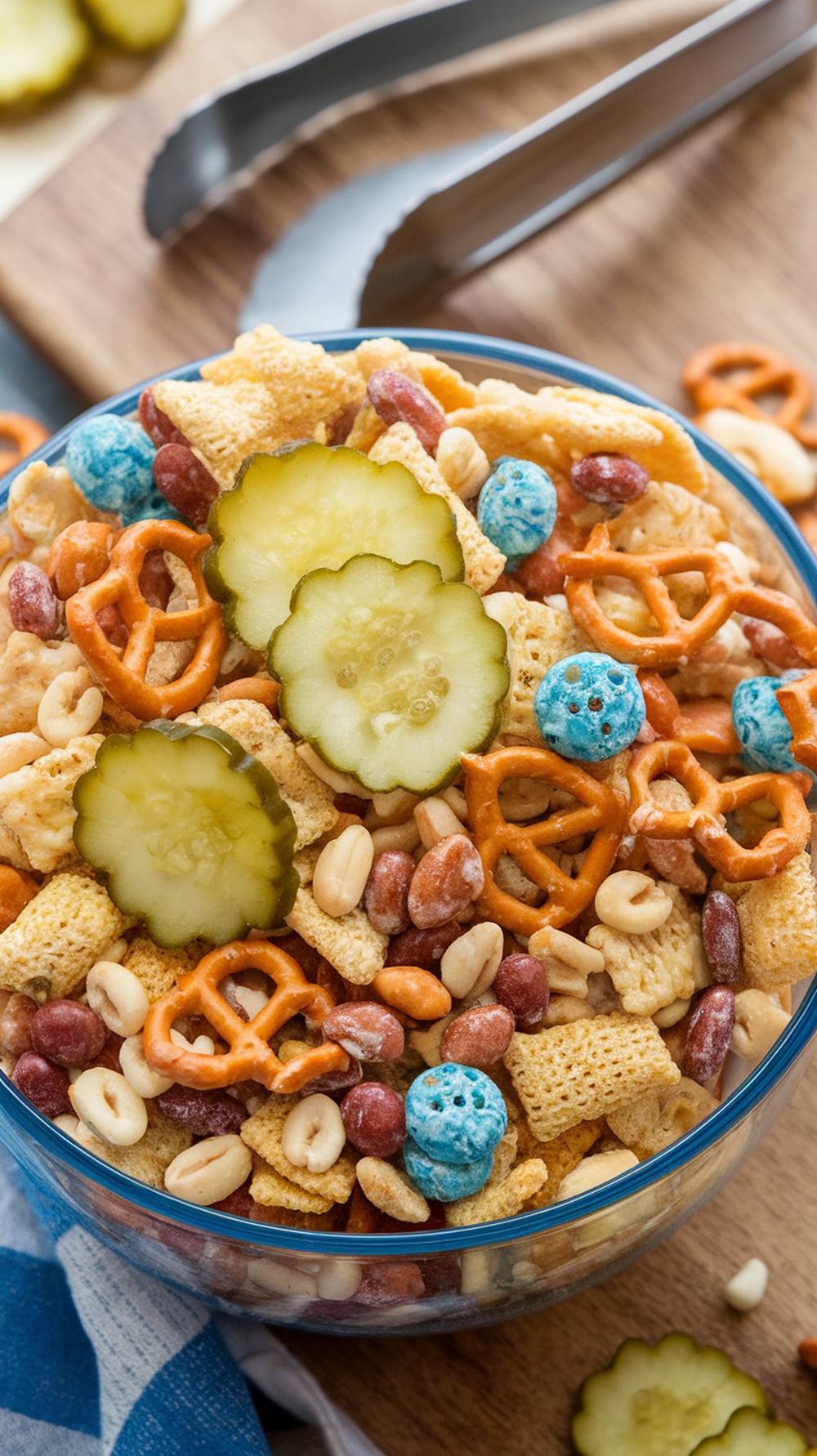 A bowl of Ranch Dill Pickle Chex Mix with pretzels, peanuts, and dill pickle slices.