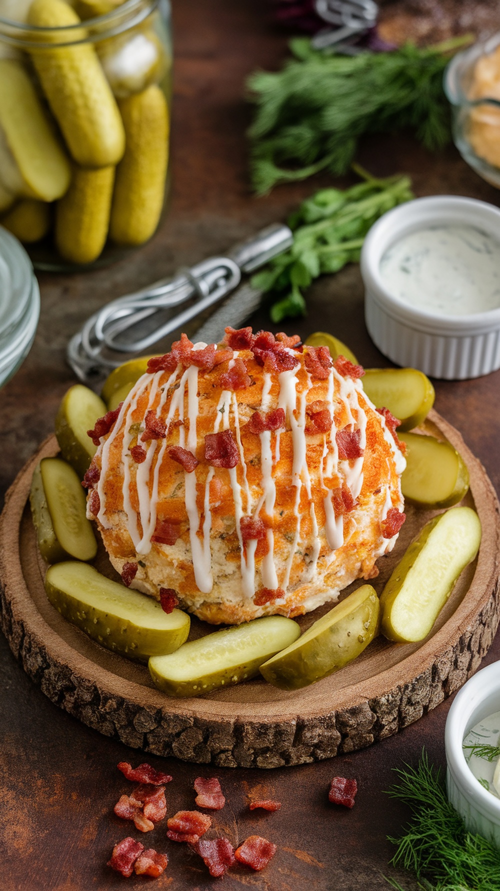 Bacon Ranch Dill Pickle Cheese Ball with pickles and bacon bits on a wooden platter