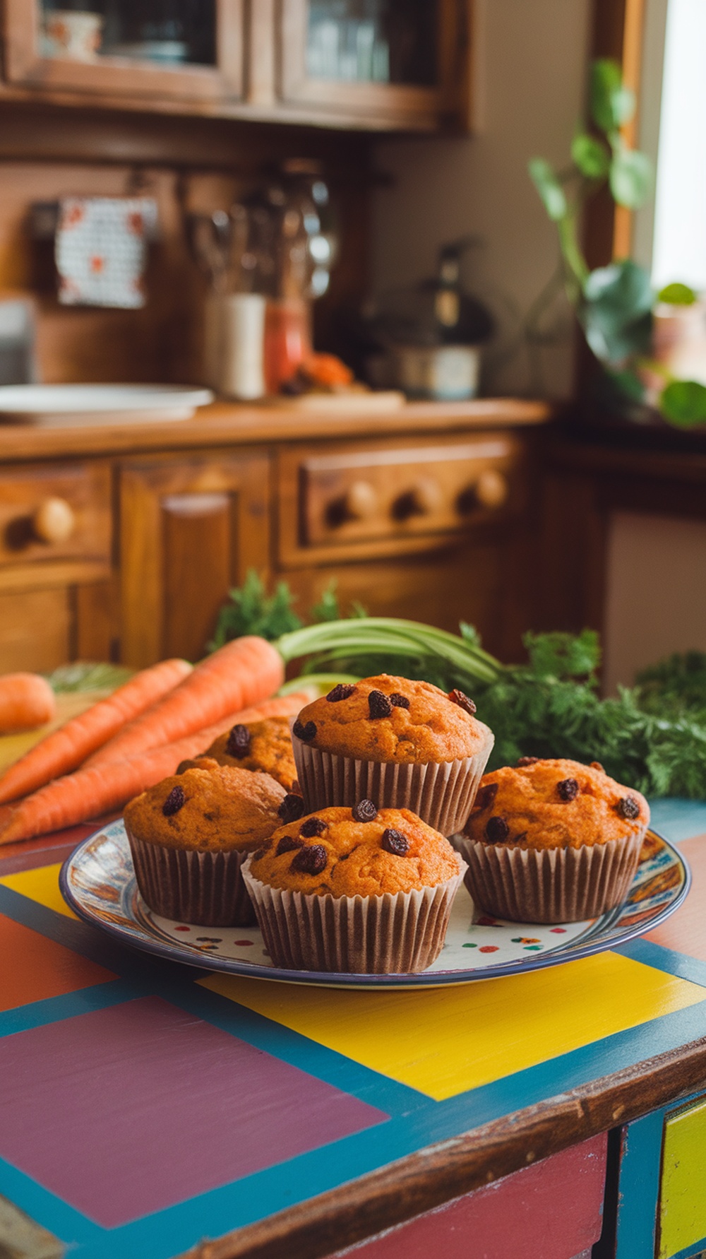 A plate of carrot raisin muffins with fresh carrots in the background