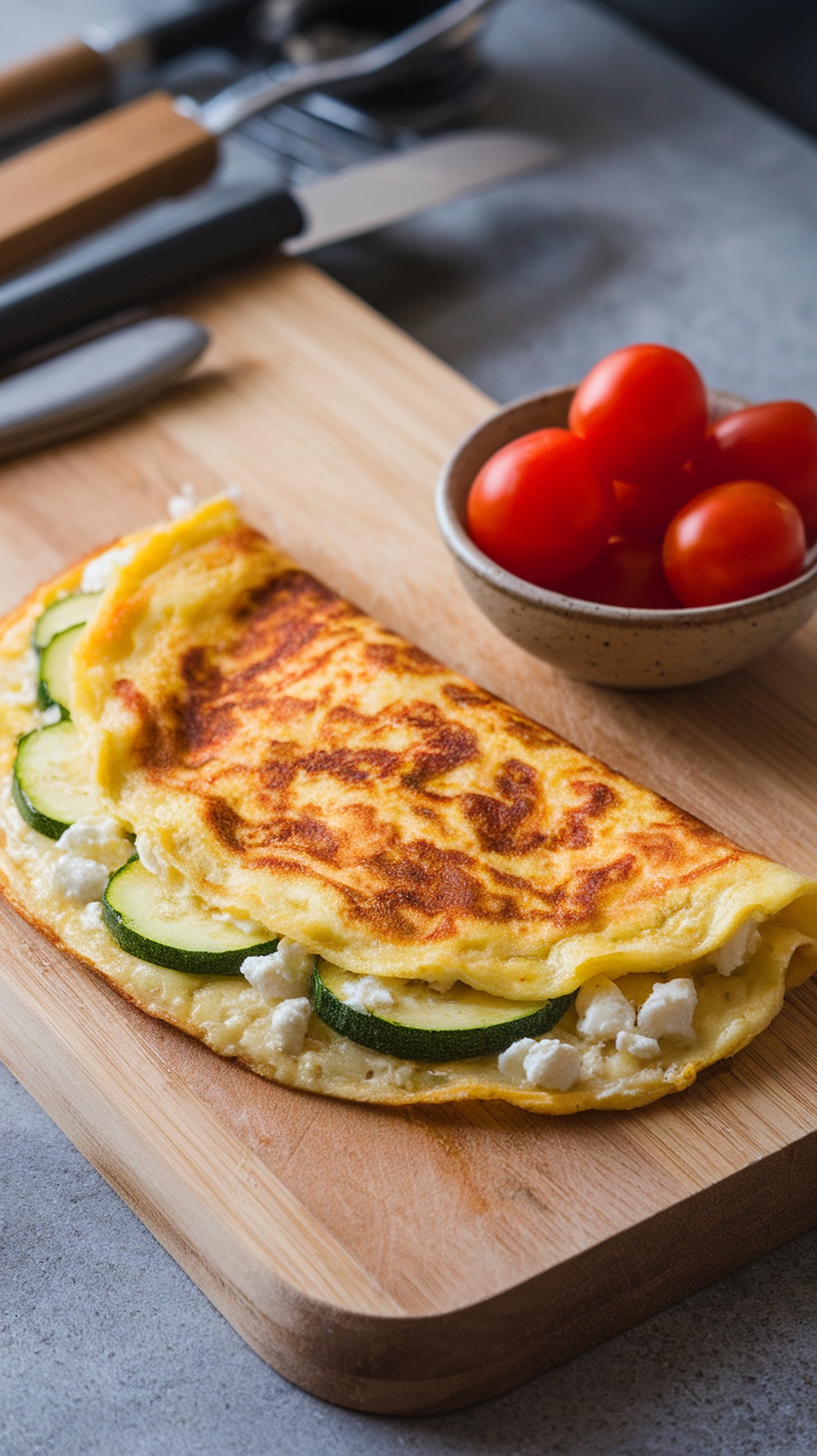Zucchini and goat cheese omelette on a wooden board with cherry tomatoes