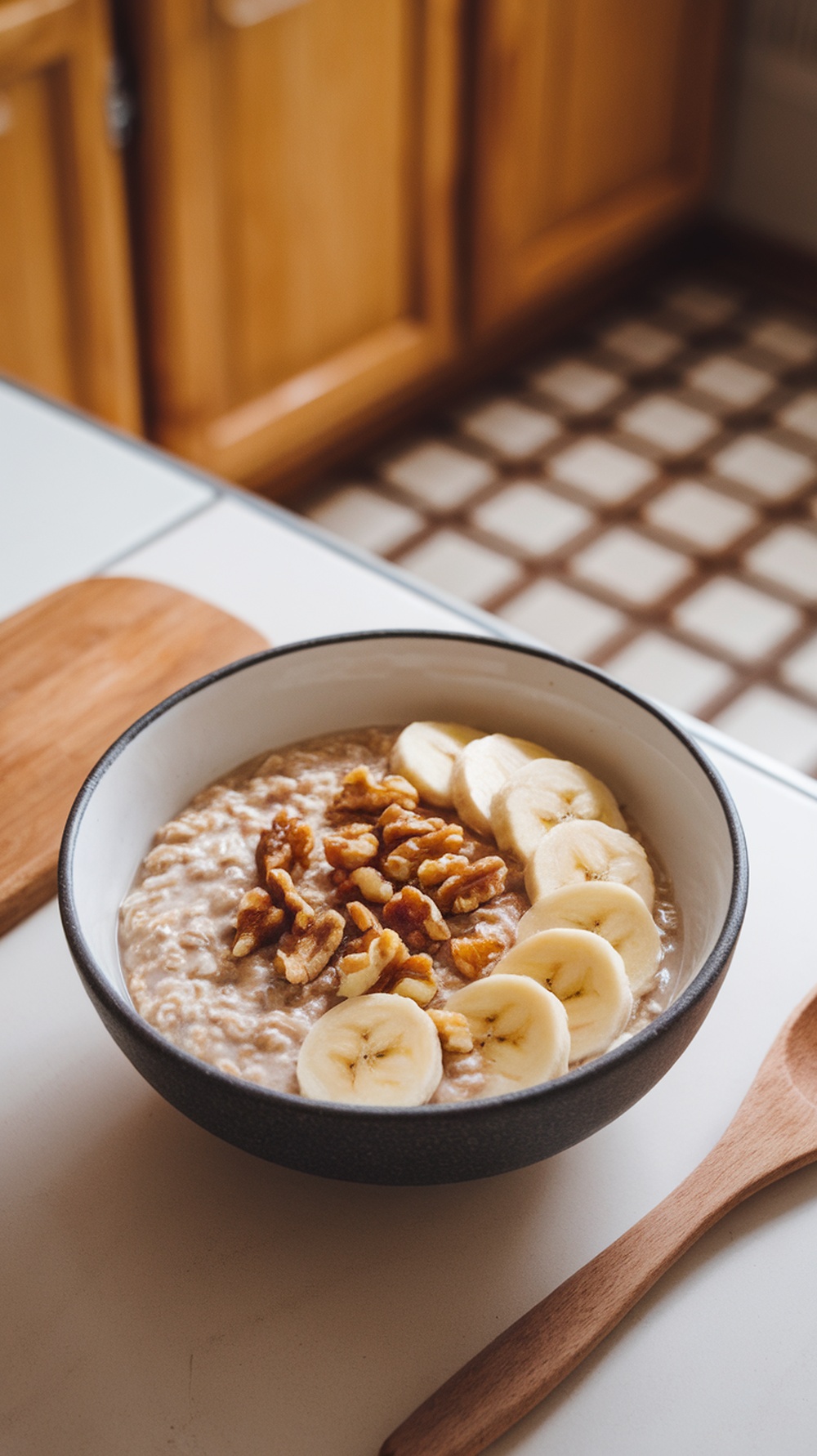 A bowl of banana nut overnight oats topped with sliced bananas and walnuts, set in a cozy kitchen.