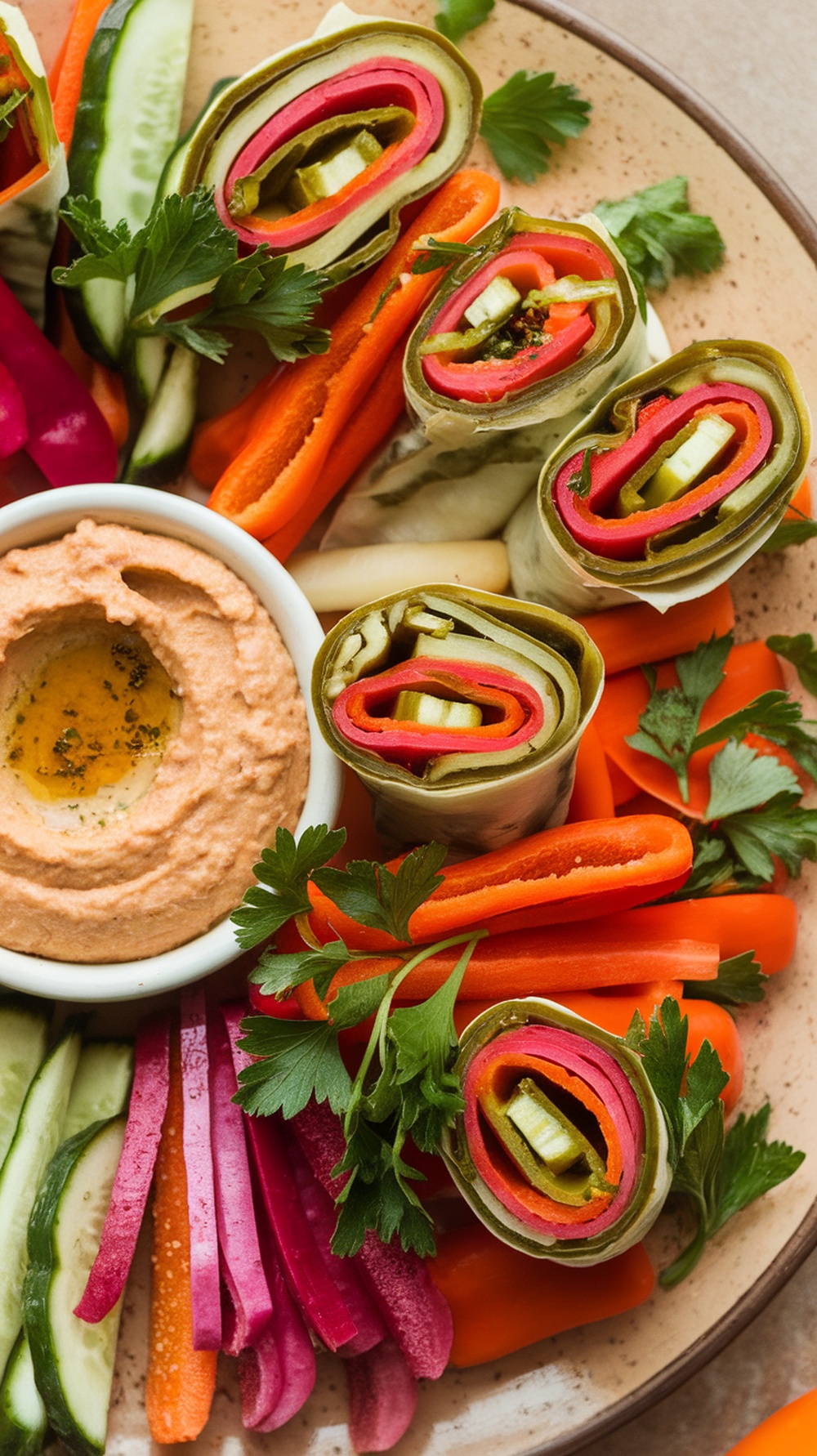 Colorful veggie and hummus pickle wraps served with fresh vegetables and hummus dip.