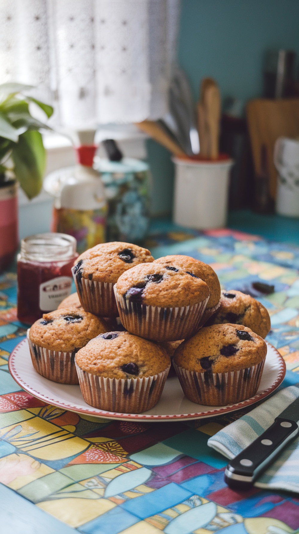 A plate of freshly baked flaxseed muffins with blueberries, set on a colorful table.