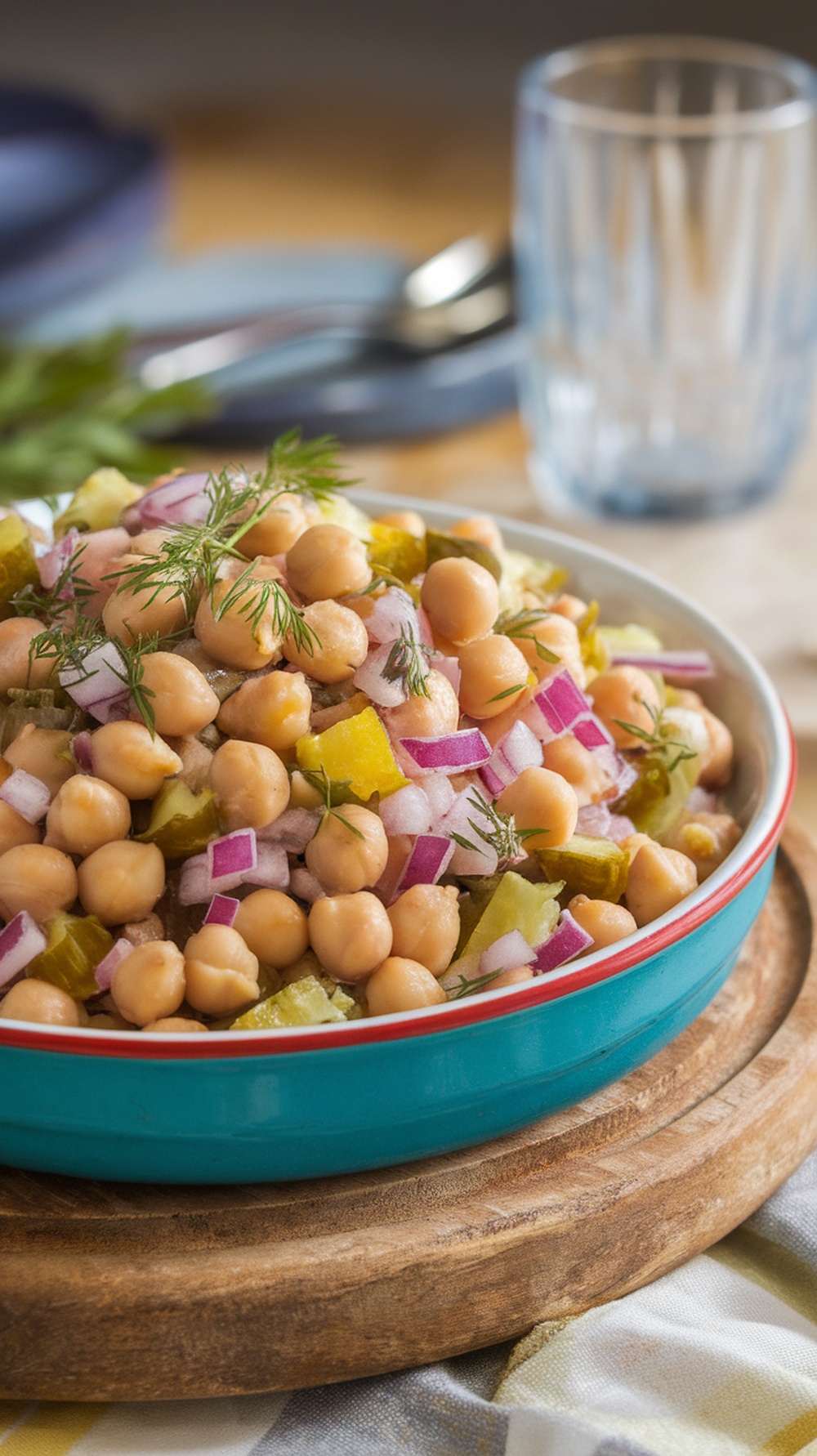 A colorful bowl of Dill Pickle Chickpea Salad with chickpeas, pickles, red onions, and fresh dill