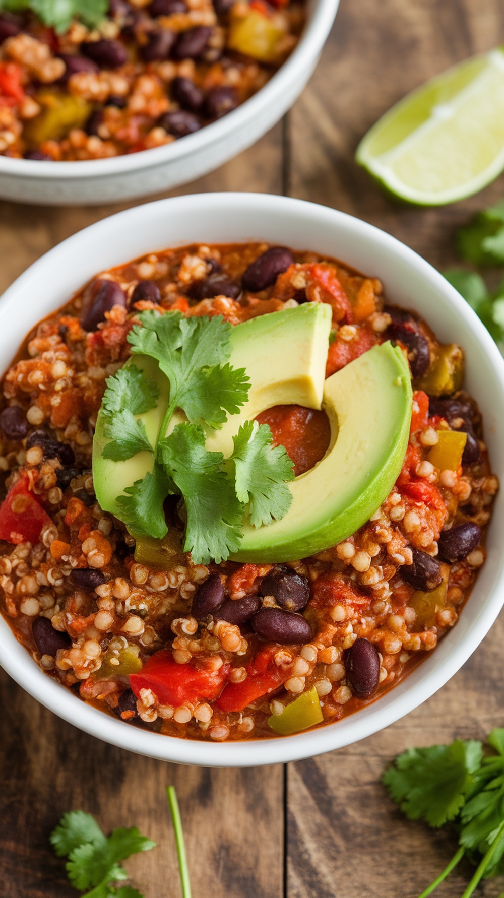 A bowl of quinoa and black bean chili garnished with cilantro and avocado, set on a rustic wooden table.