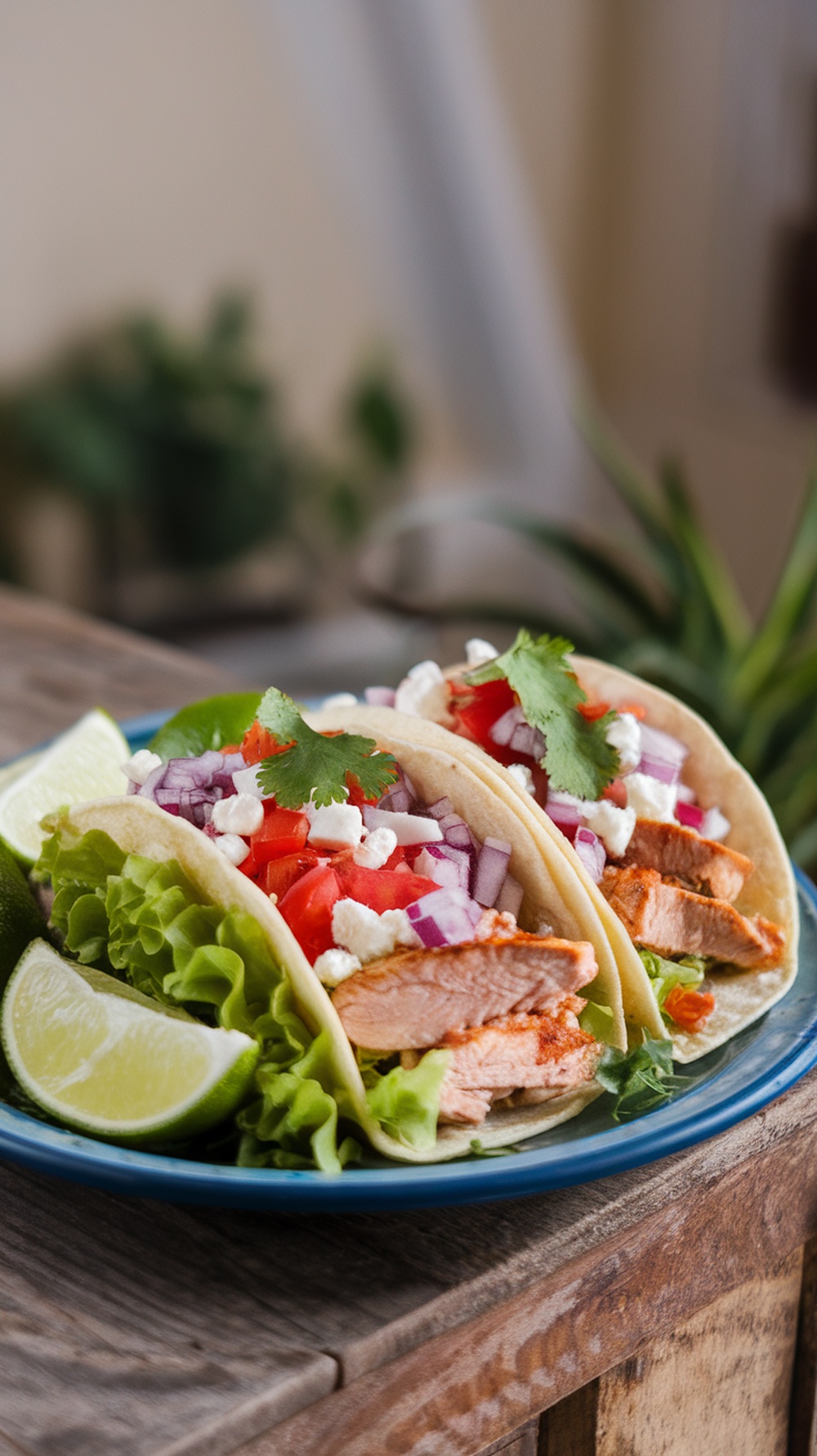 Greek yogurt chicken tacos with fresh toppings on a wooden table.