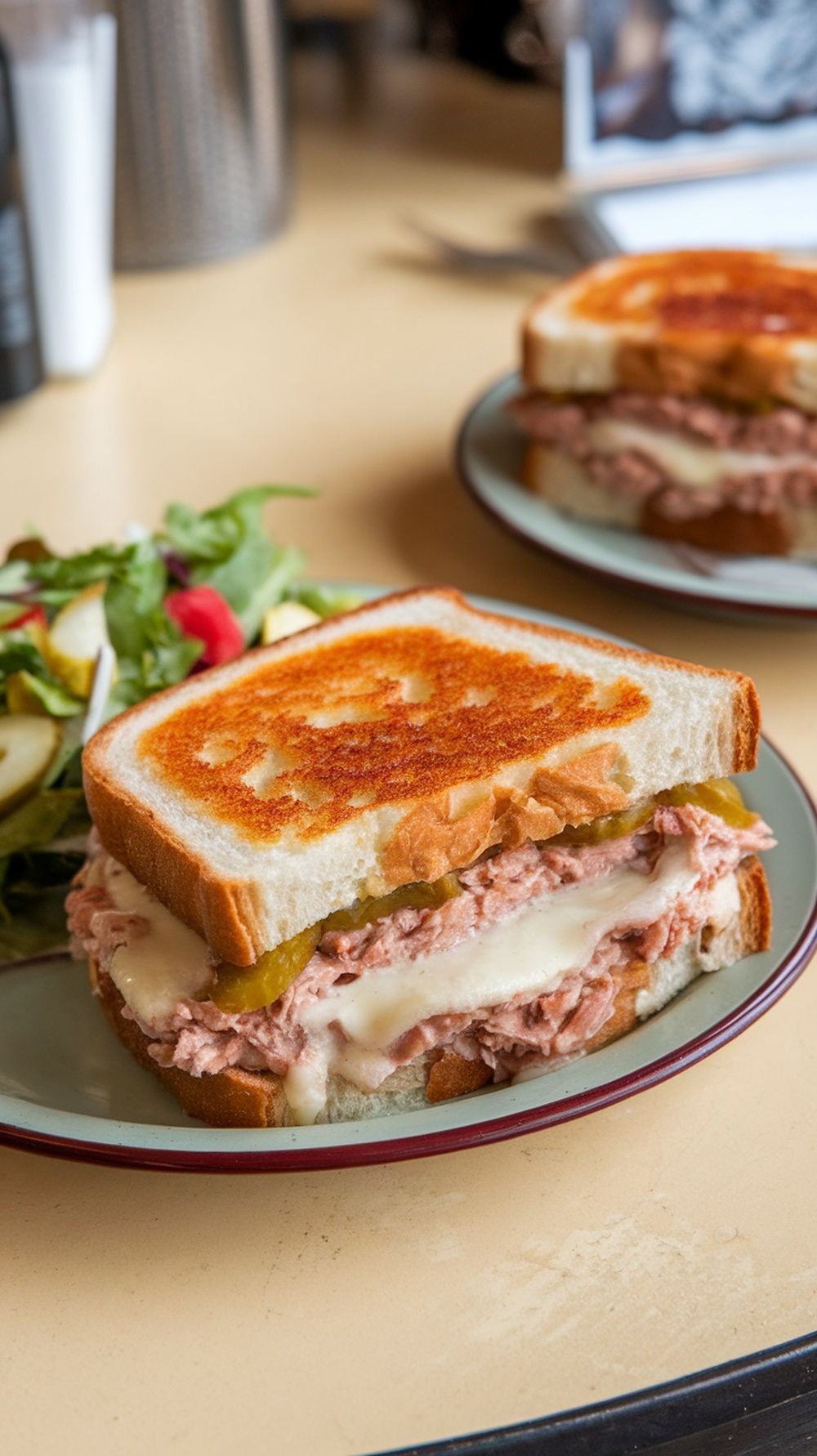 A toasted tuna melt sandwich with pickle relish and a side salad.