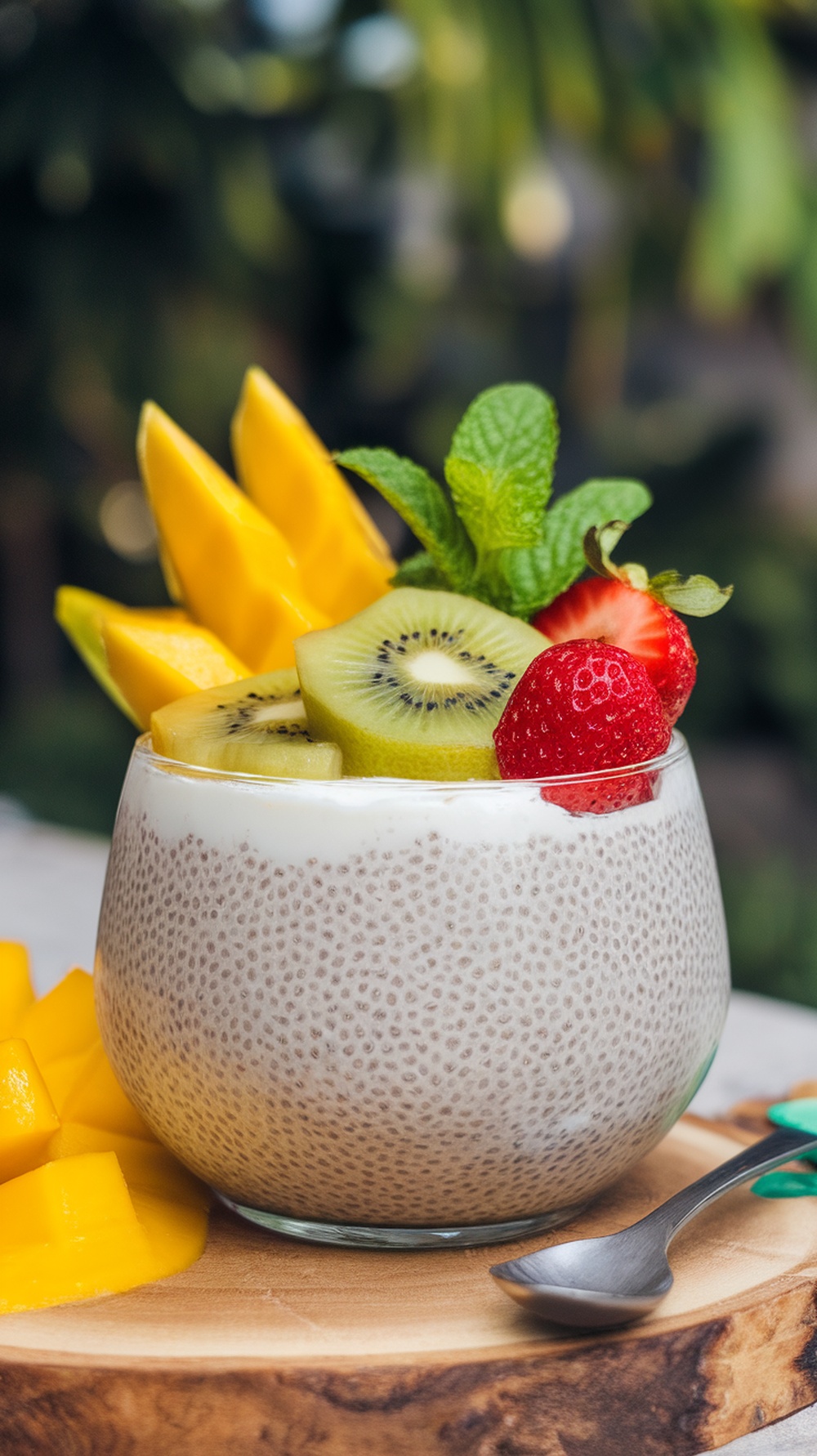 Chia seed pudding with coconut milk topped with fresh fruits like mango, kiwi, and strawberries, served in a glass bowl.