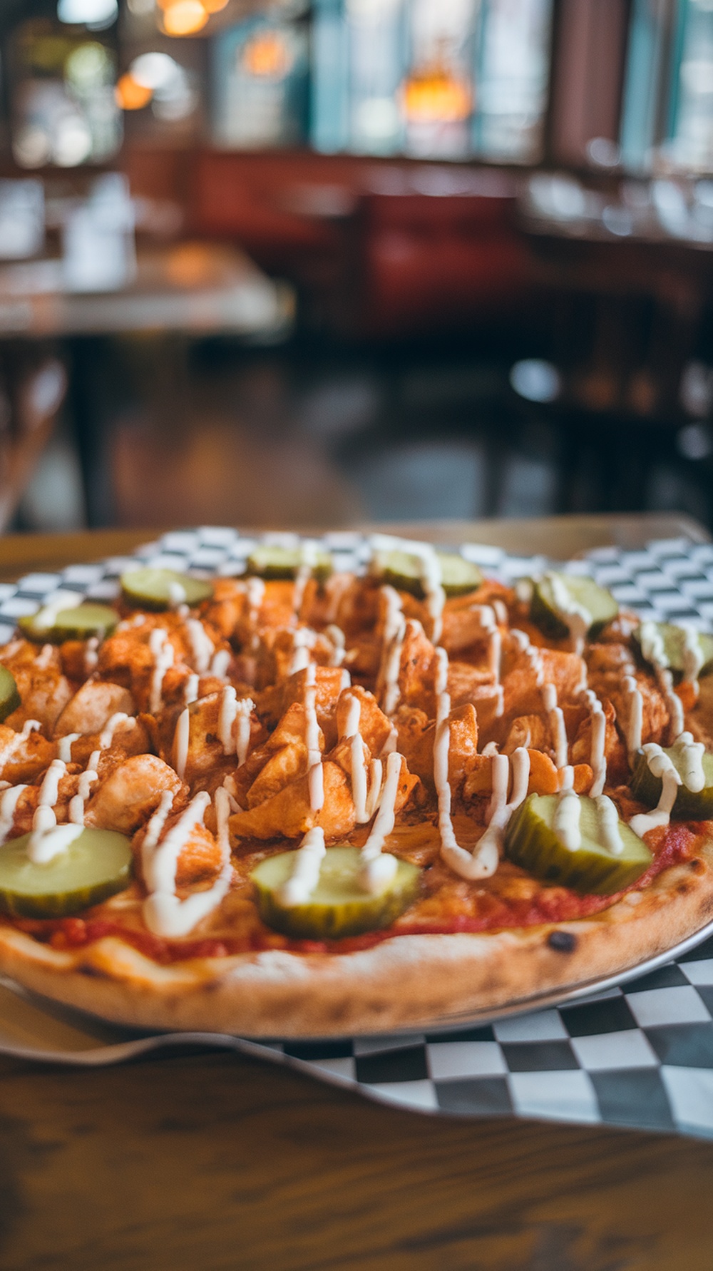 Buffalo Pickle Chicken Pizza topped with pickles and drizzled with ranch dressing