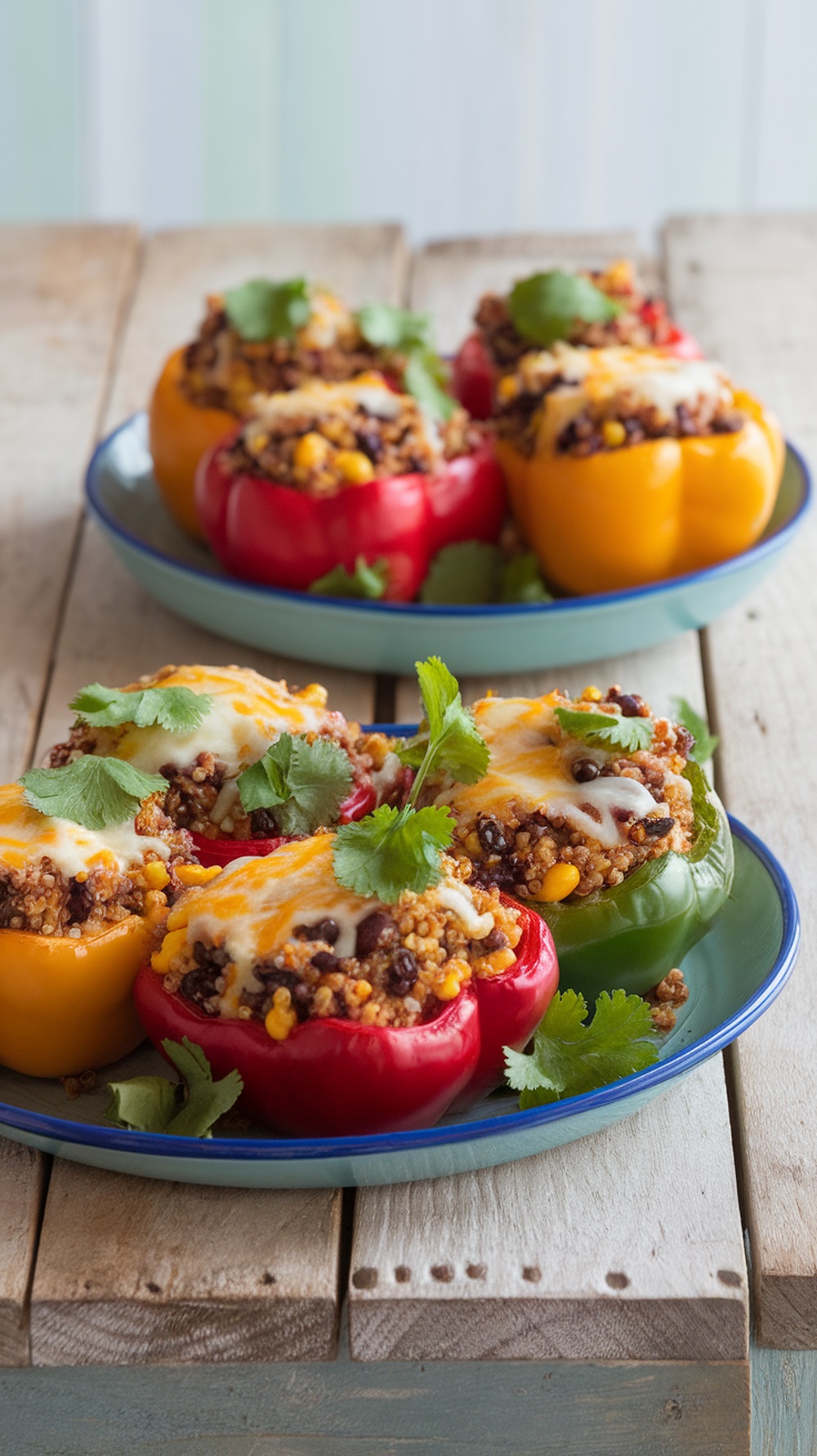 Quinoa stuffed bell peppers filled with black beans and corn, topped with cheese, on a wooden table.