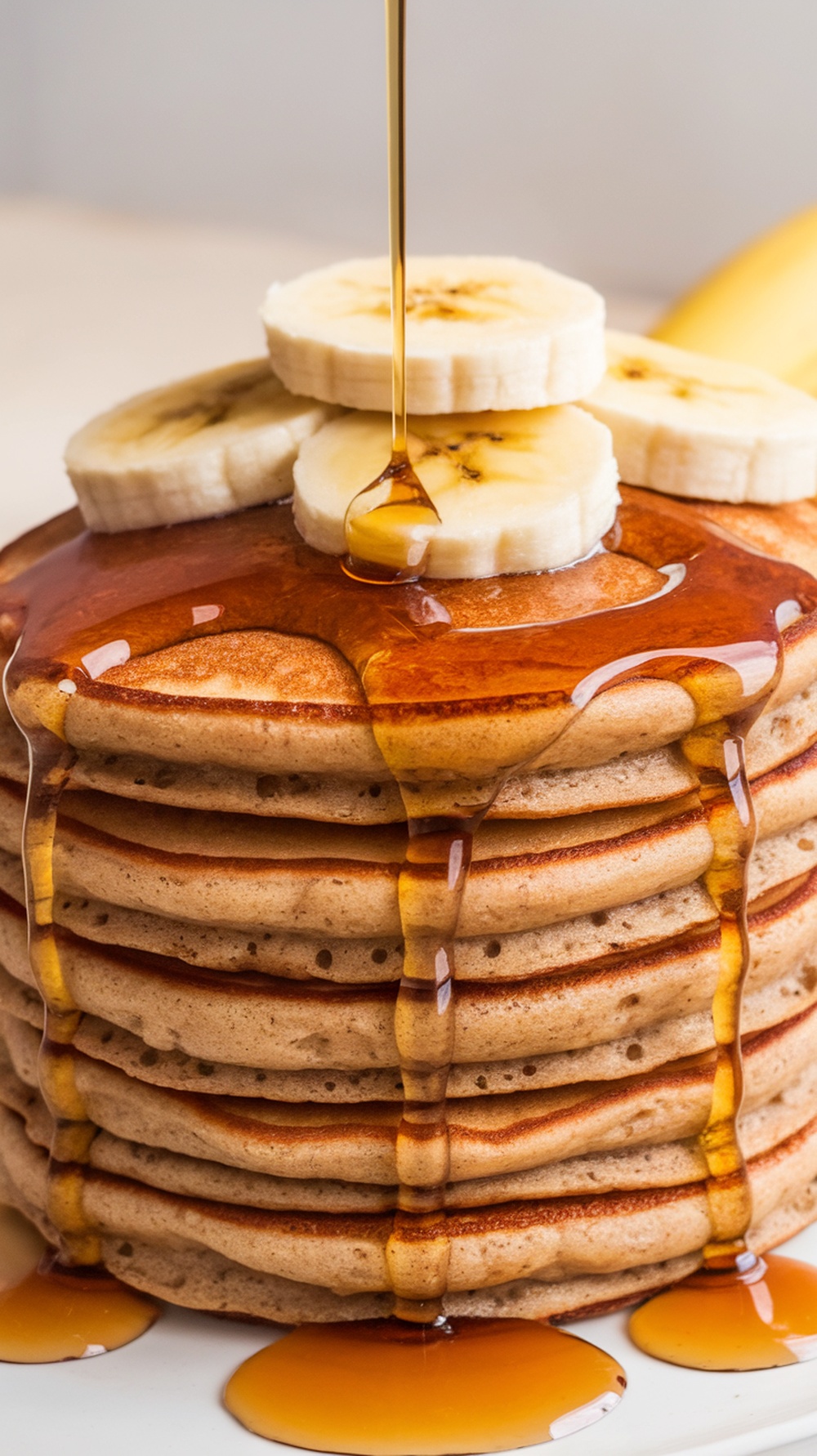 Stack of whole wheat banana pancakes topped with banana slices and syrup.