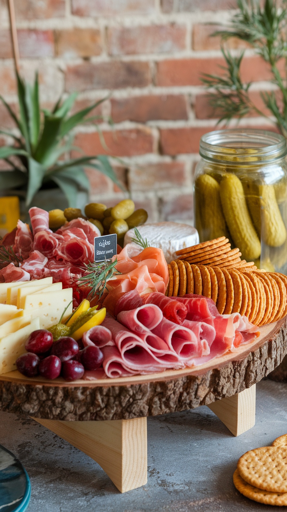 A charcuterie board featuring dill pickles, assorted meats, cheeses, and crackers.
