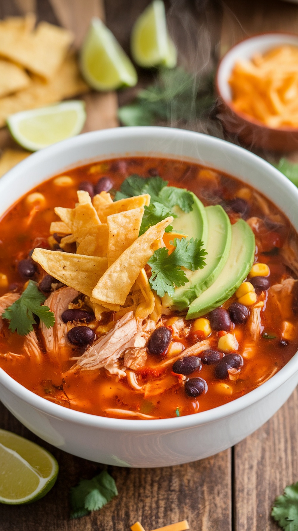 A bowl of Chicken Tortilla Soup with chicken, beans, corn, garnished with tortilla strips and avocado on a wooden table.