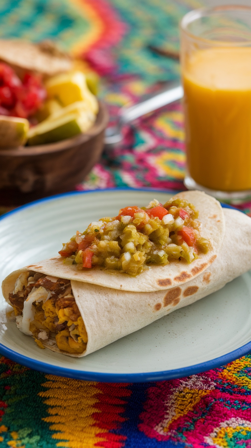 A delicious breakfast burrito with salsa verde, served on a colorful plate.