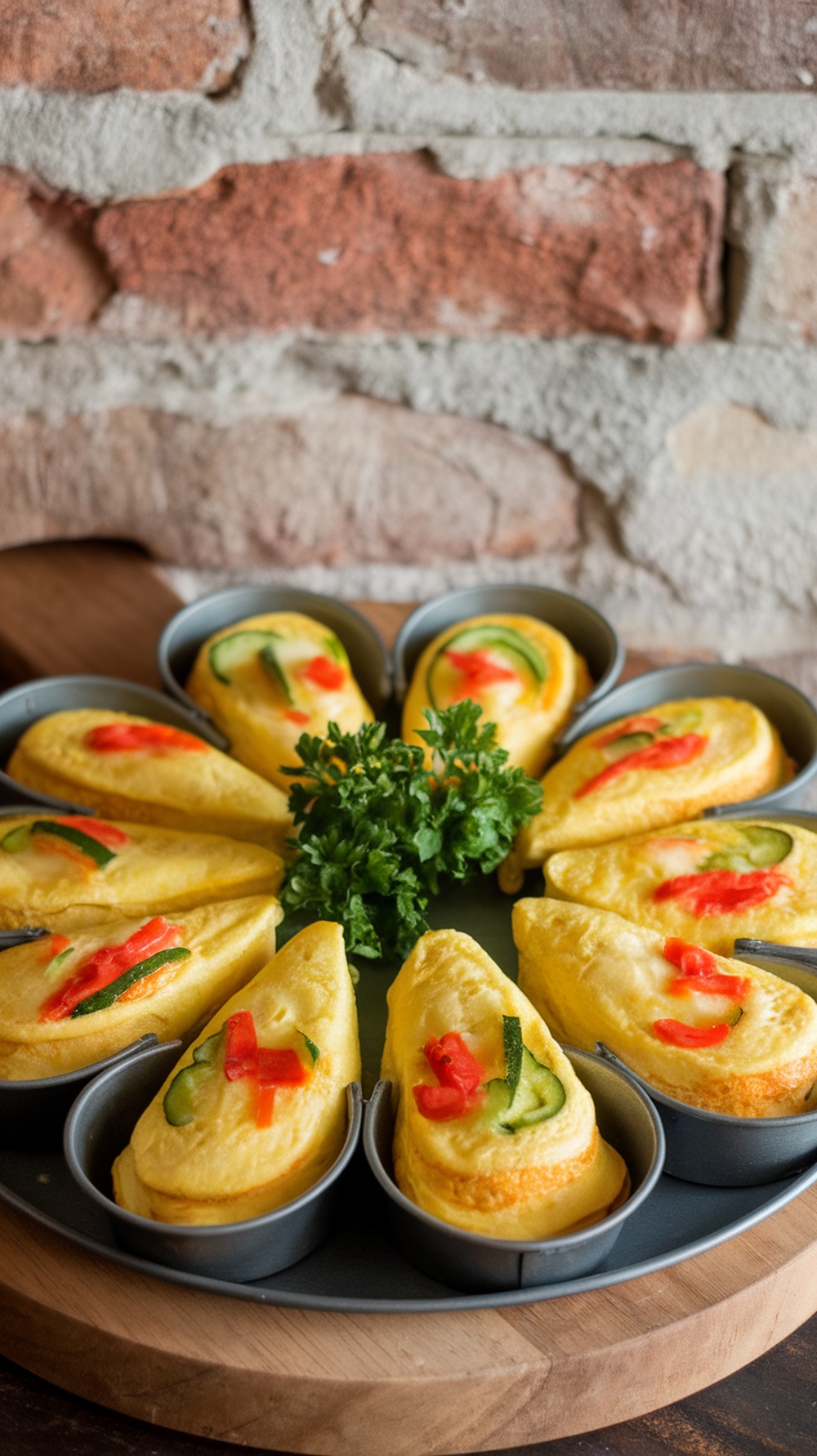 Muffin tin omelets with veggies arranged on a wooden platter.