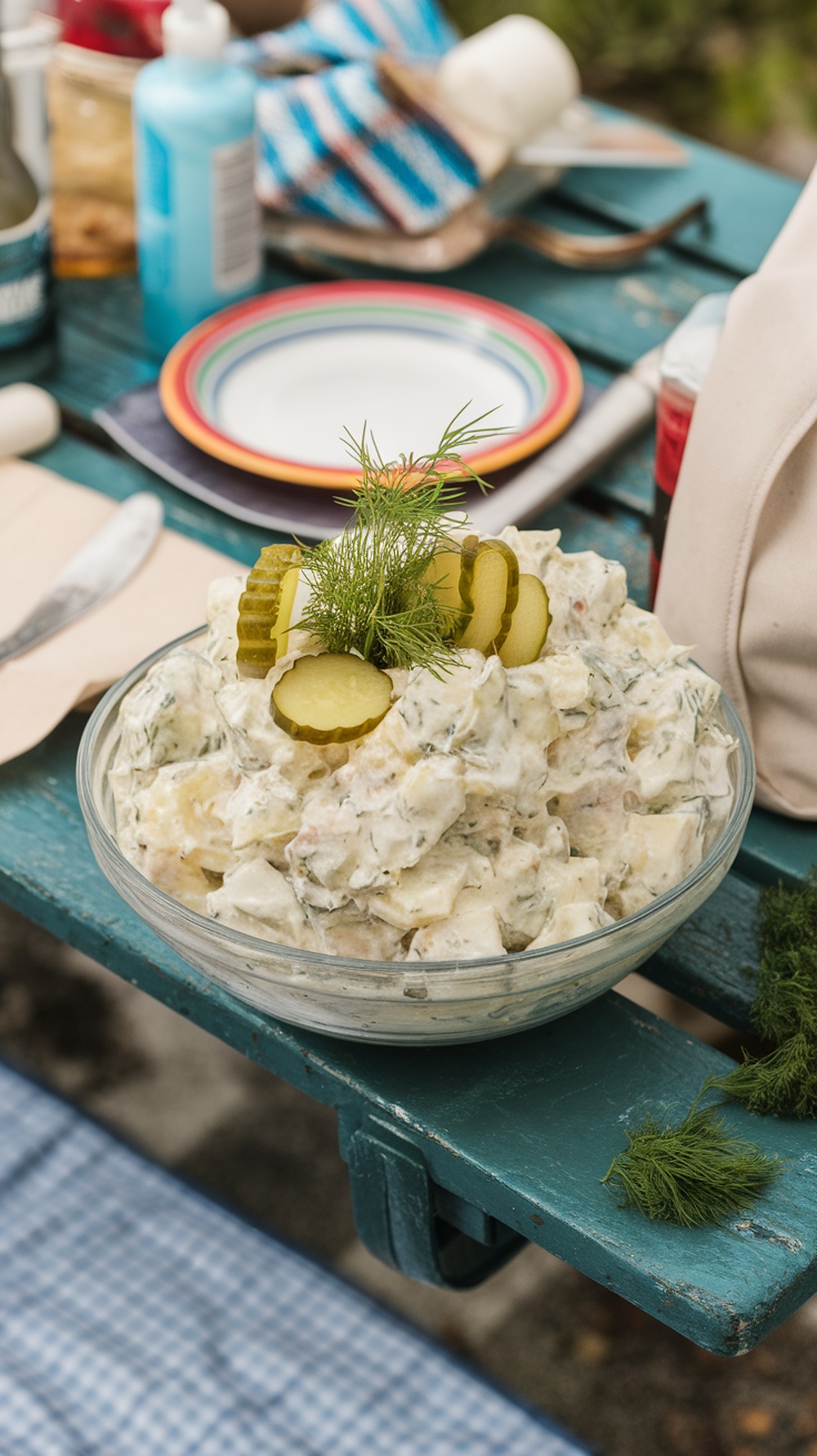 A bowl of creamy dill pickle potato salad garnished with dill and pickle slices, set on a picnic table.