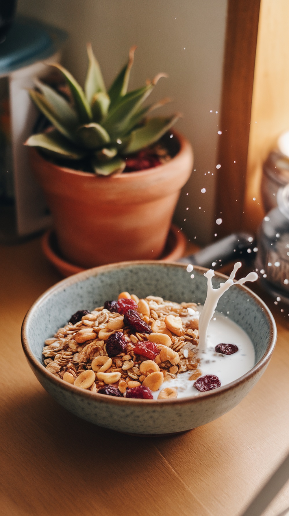 A bowl of muesli with nuts and dried fruits, topped with milk, on a wooden table.