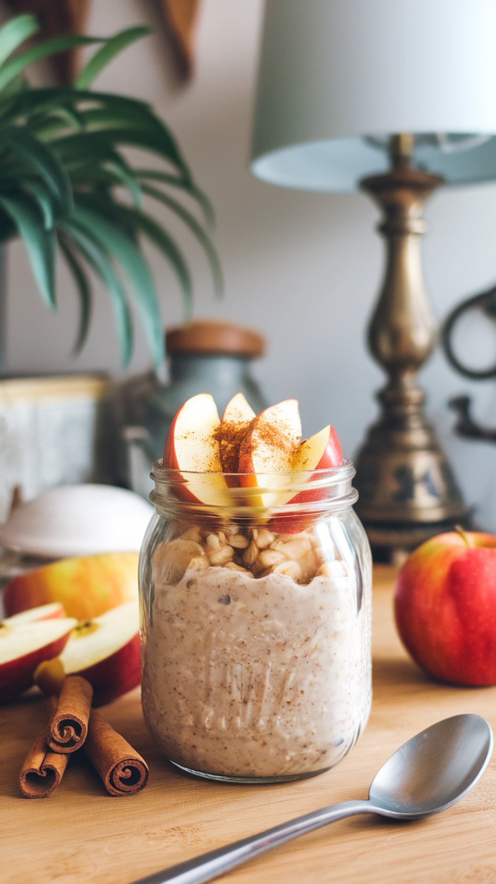 A jar of apple cinnamon overnight oats topped with apple slices and cinnamon, with a spoon and apples in the background.