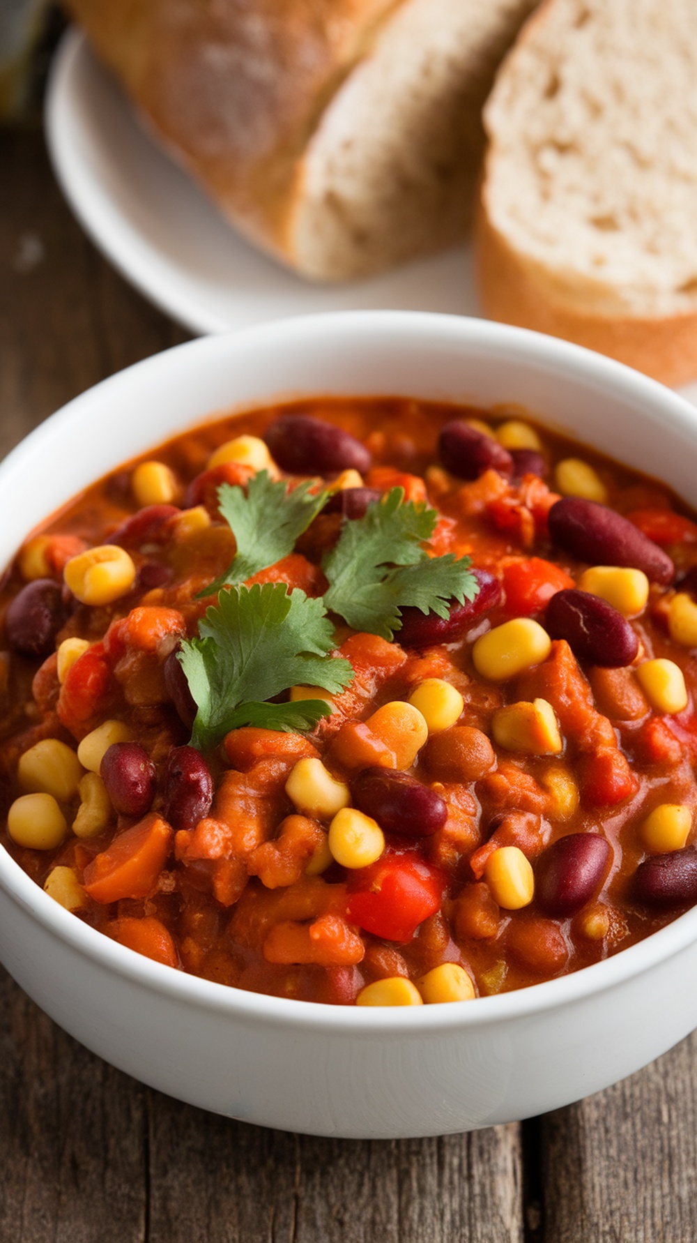 A bowl of vegetarian chili with beans, corn, and peppers, garnished with cilantro, on a rustic table with bread.