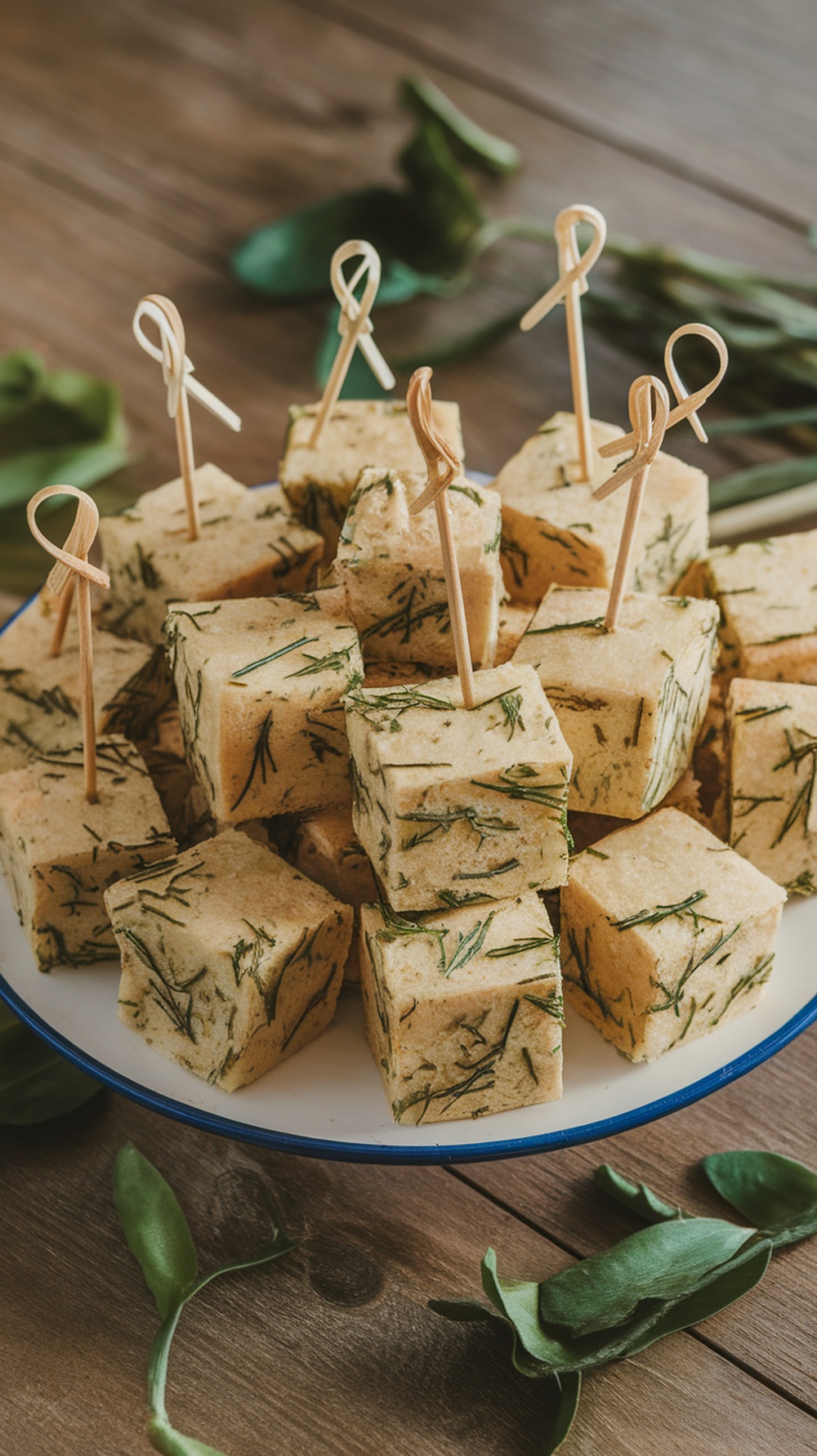 A plate of mini dill pickle bread bites with toothpicks for easy serving.