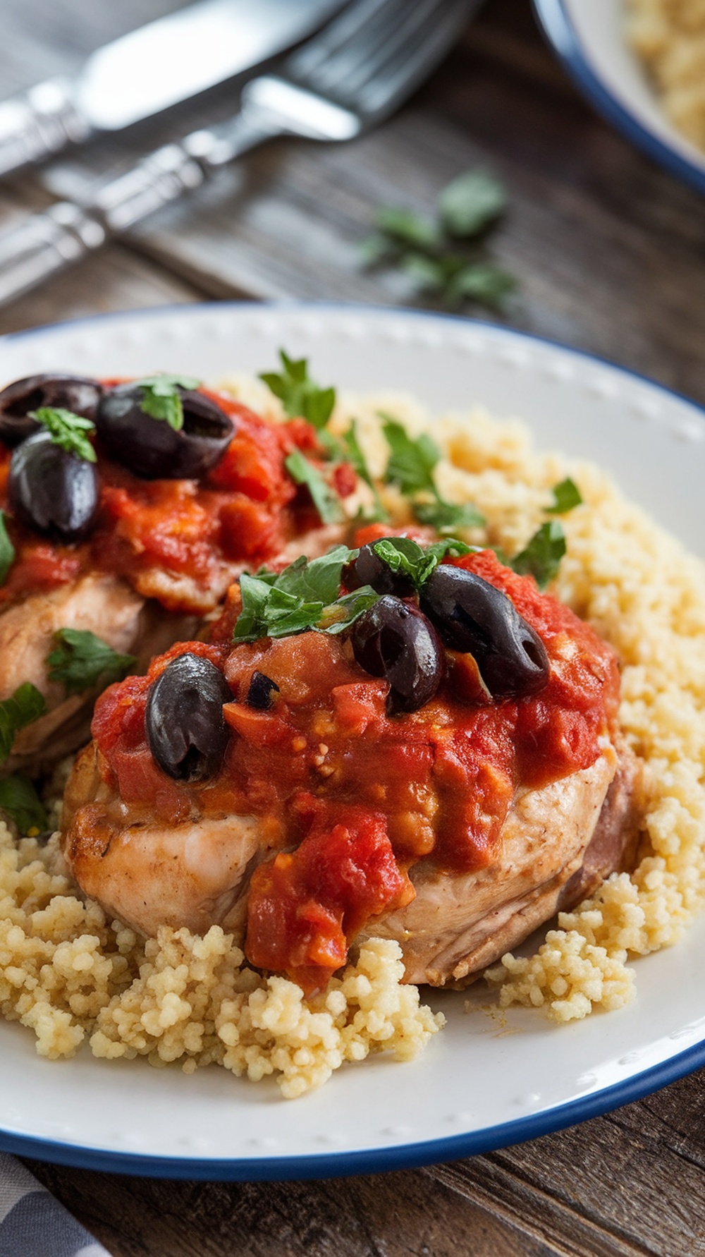 Mediterranean crockpot chicken with tomato and olive sauce, served with couscous and garnished with parsley.