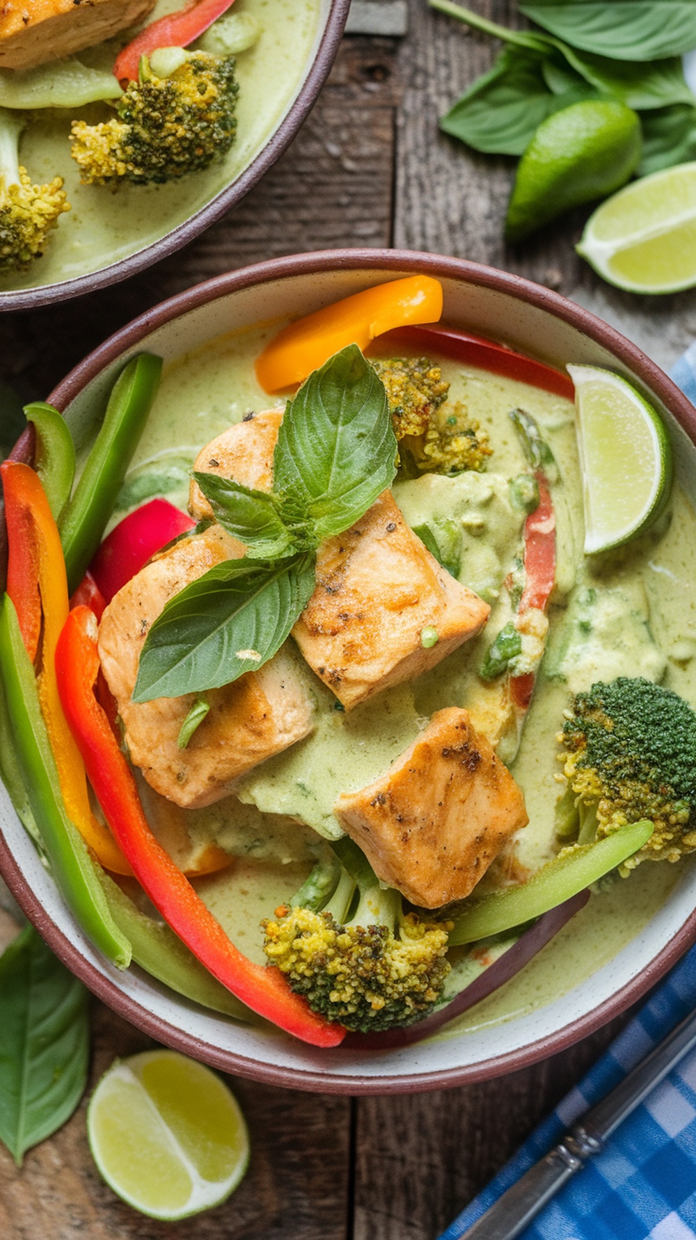 A bowl of Thai green curry with chicken, vegetables, and basil, served with lime wedges.