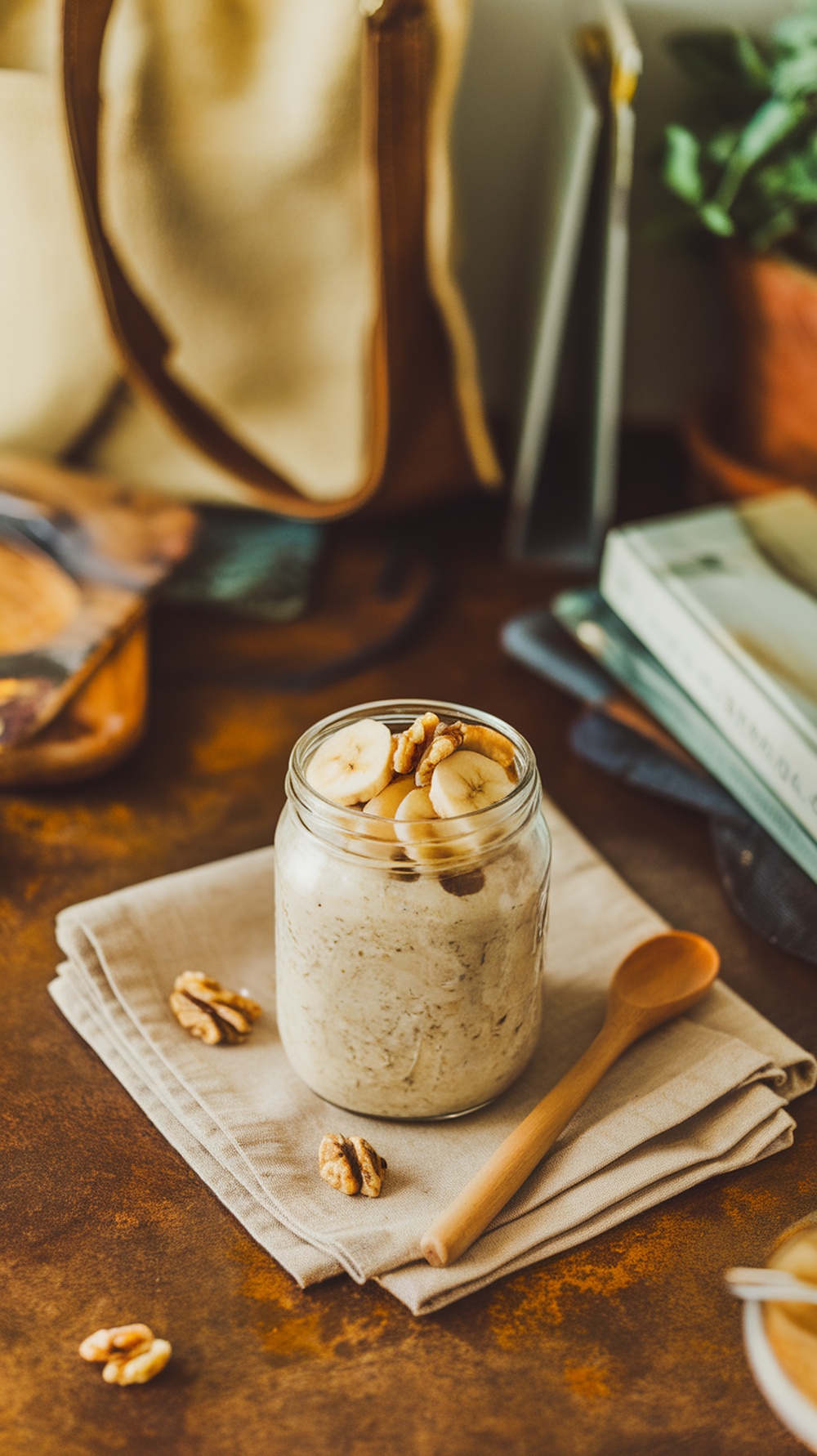 A jar of banana nut overnight oats topped with banana slices and walnuts.