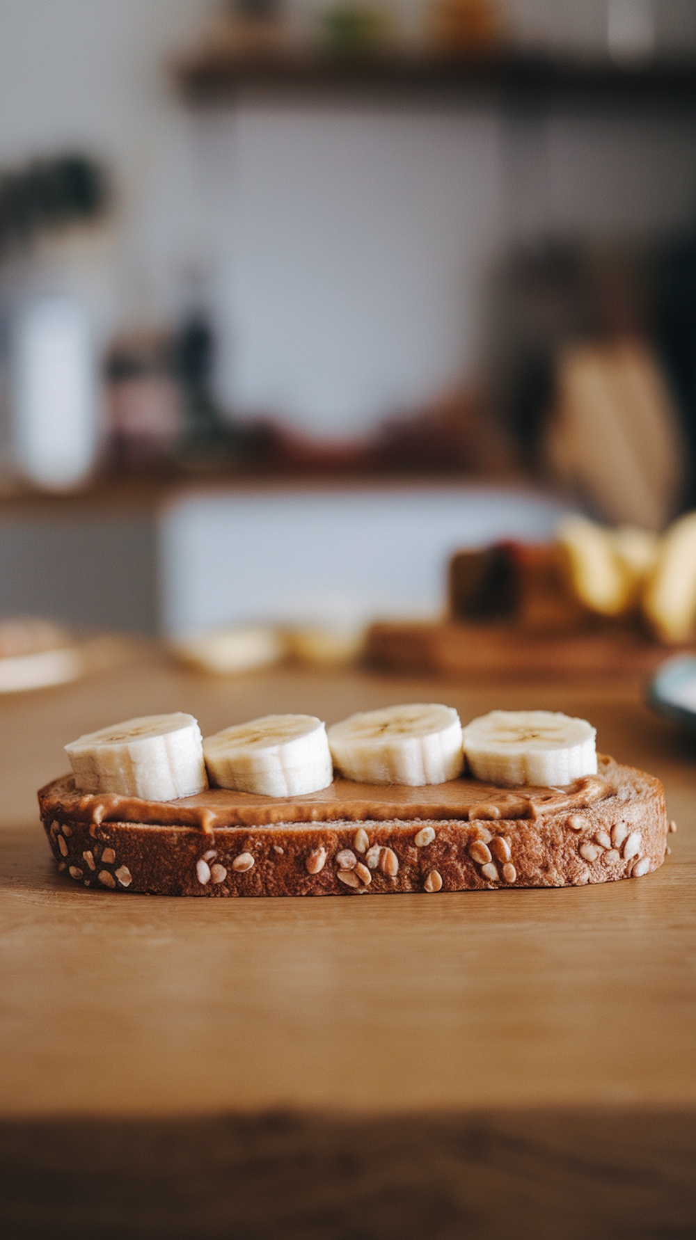 A slice of whole grain toast topped with peanut butter and banana slices.