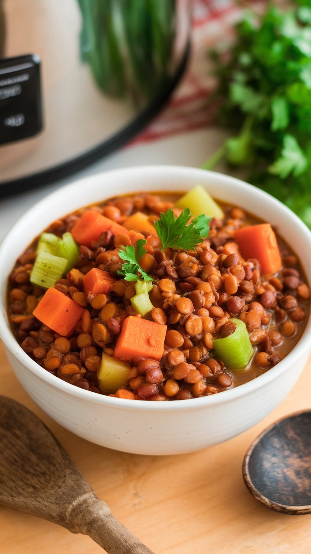 A hearty bowl of lentil and vegetable stew with carrots, potatoes, and celery, garnished with parsley, in a cozy kitchen setting.