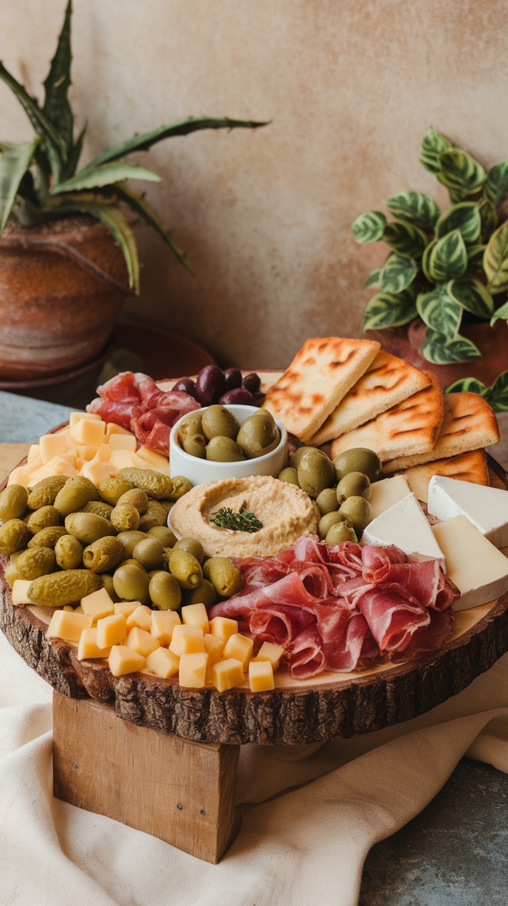 A Mediterranean pickle platter with olives, cured meats, cheese, and hummus on a wooden board.