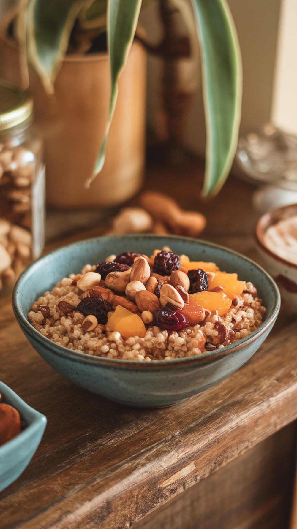 A colorful quinoa breakfast bowl topped with nuts and dried fruits on a wooden table.