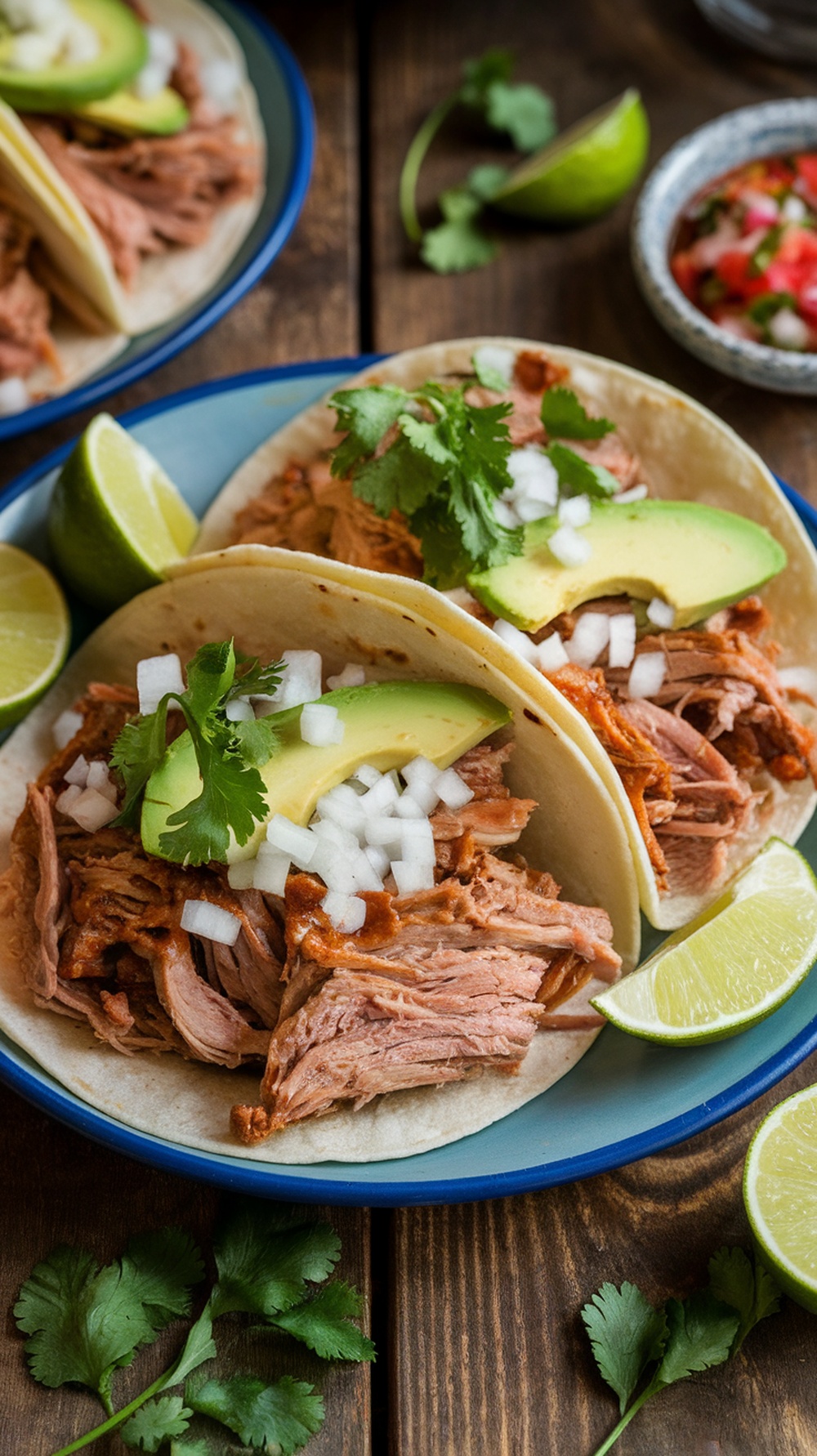 Pulled pork tacos with cilantro, onions, and avocado on a wooden plate with lime and salsa.