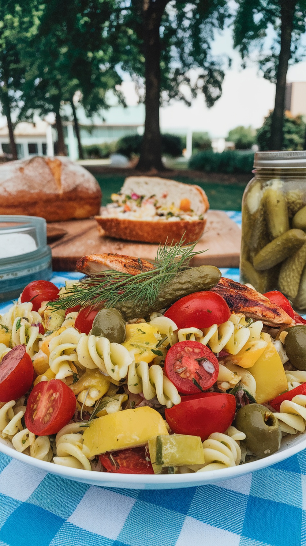 A vibrant bowl of Tangy Dill Pickle and Chicken Pasta Salad with cherry tomatoes, olives, and pickles, set outdoors with bread and a jar of pickles in the background.