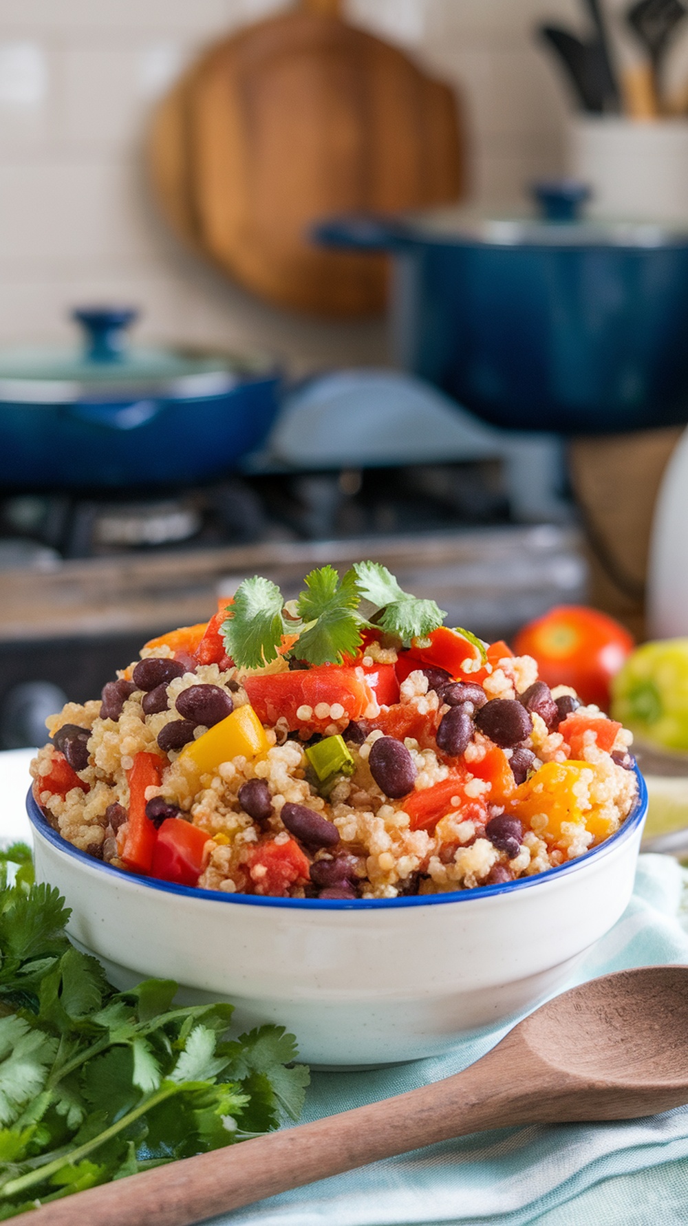 A bowl of quinoa and black beans with tomatoes and bell peppers, garnished with cilantro, on a rustic kitchen table.