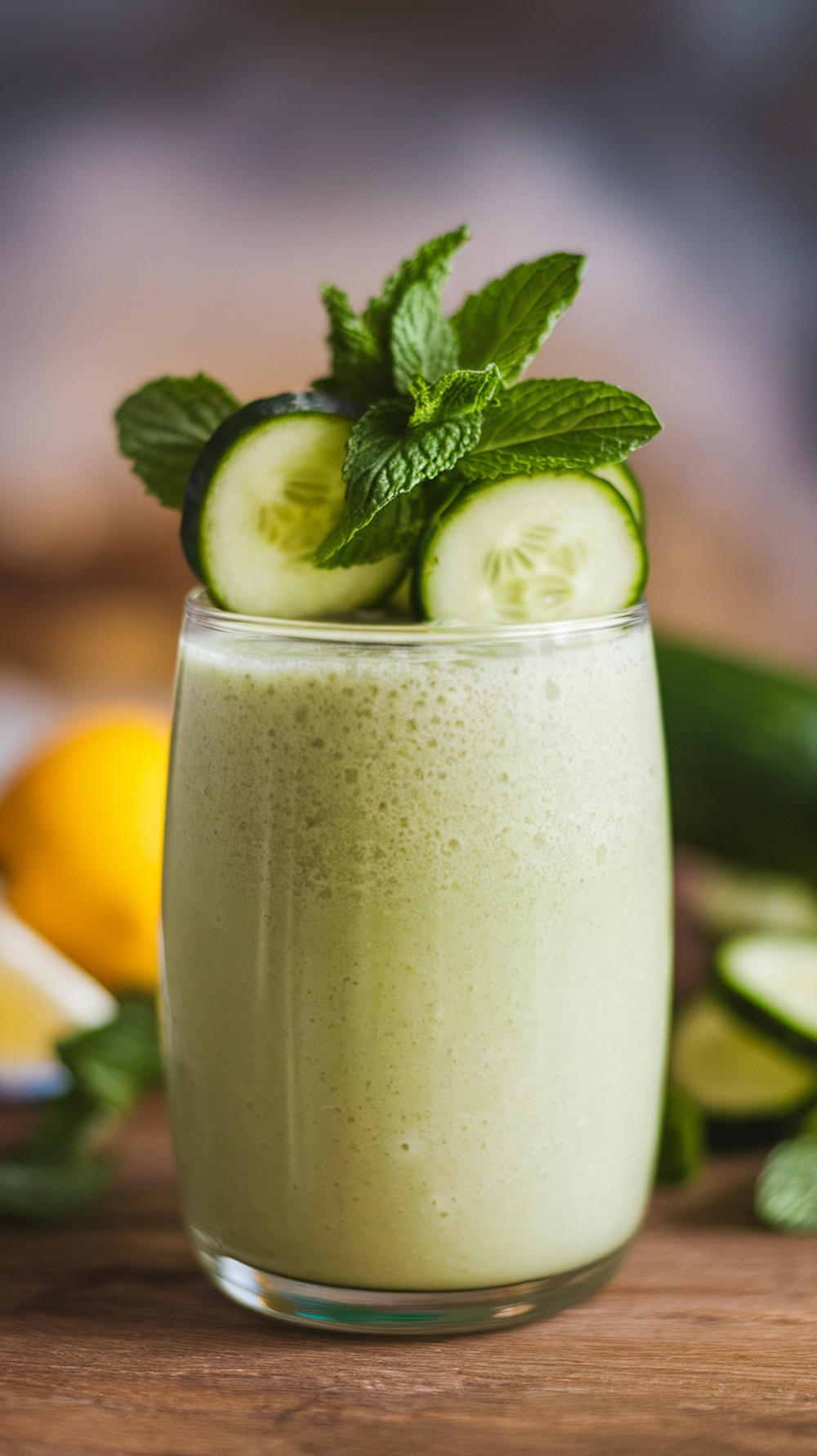 A refreshing cucumber mint green smoothie garnished with cucumber slices and mint leaves.