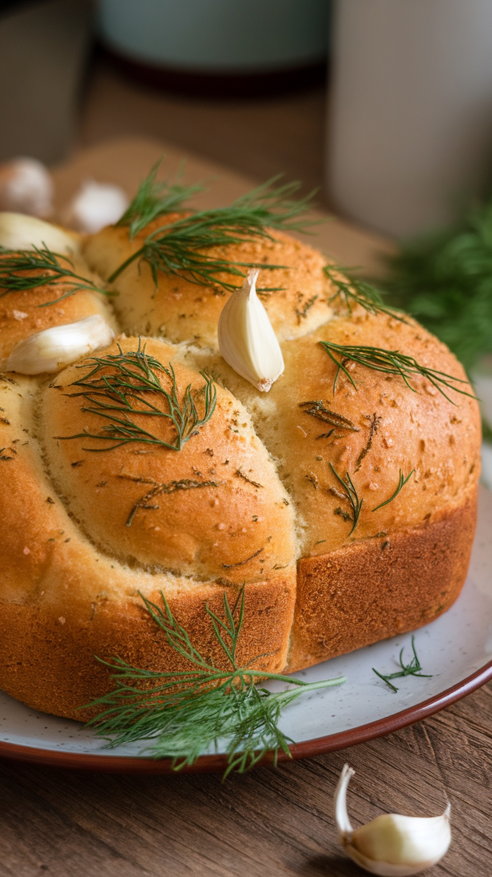 A loaf of garlic dill pickle bread topped with fresh dill and garlic cloves, resting on a wooden table.