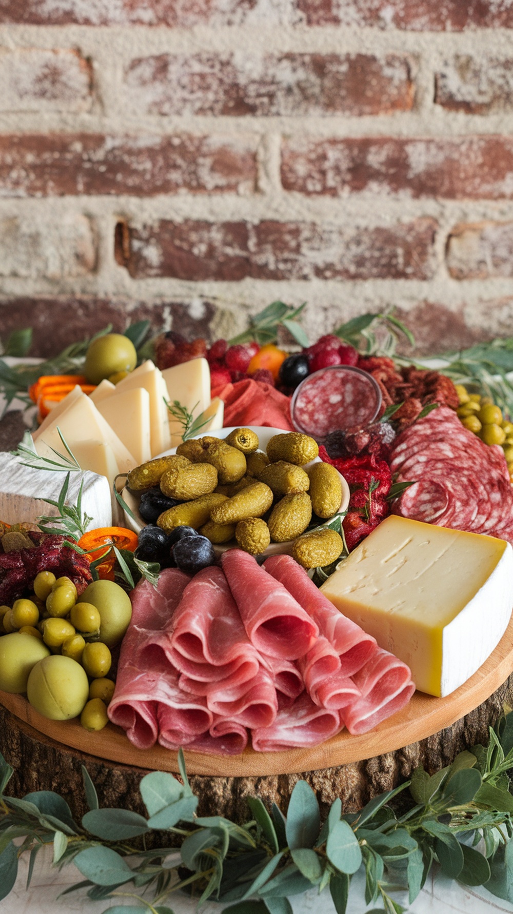 A charcuterie board featuring spicy garlic pickles, meats, and cheeses.