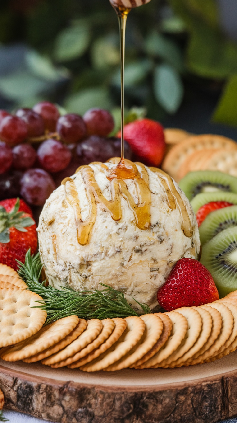 Sweet and Tangy Dill Pickle Cheese Ball with honey drizzle, surrounded by fruits and crackers.